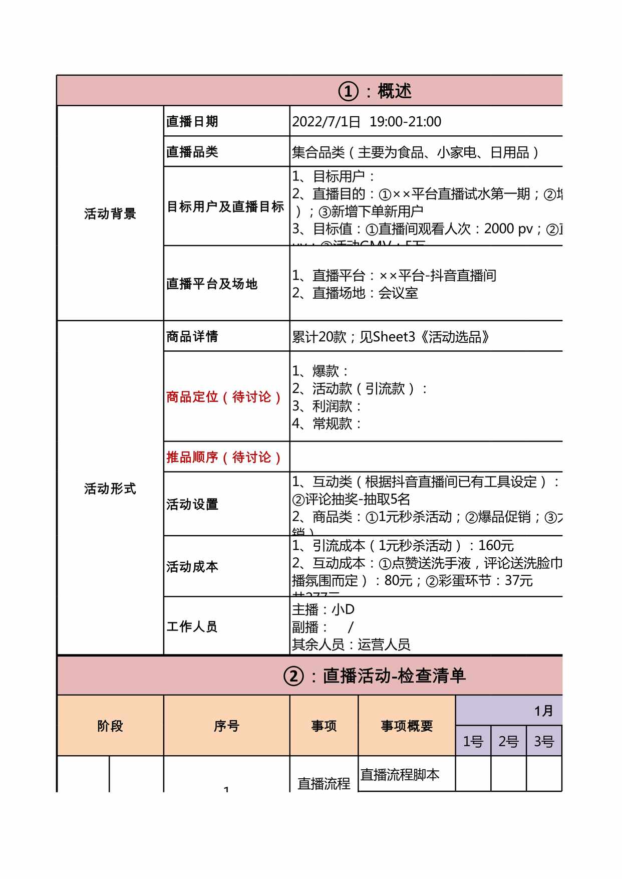 “直播项目策划执行表XLS”第1页图片