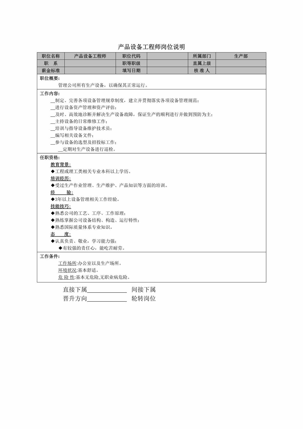 “产品设备工程师岗位说明书DOC”第1页图片