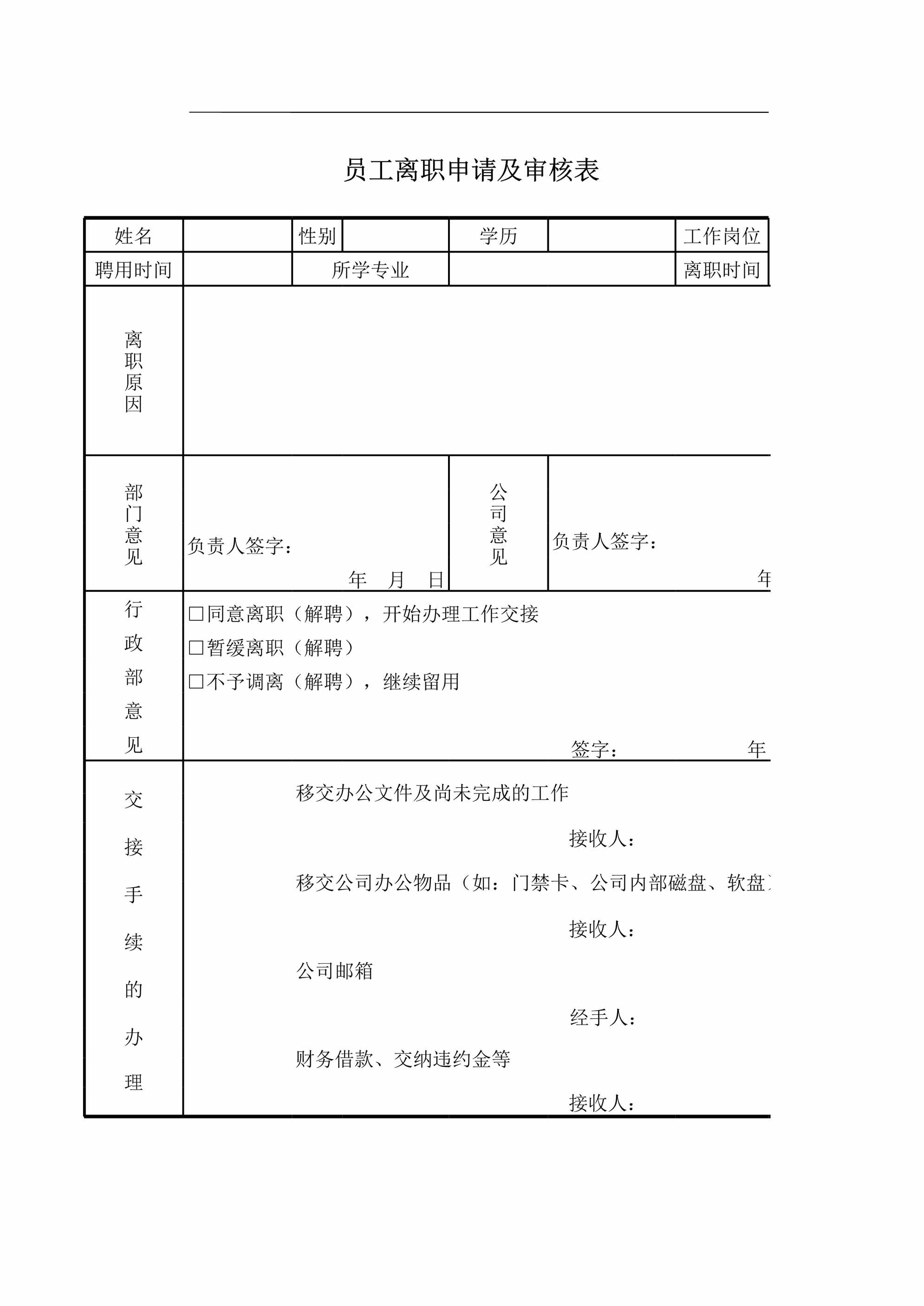 “离职手续审批表模板XLS”第1页图片