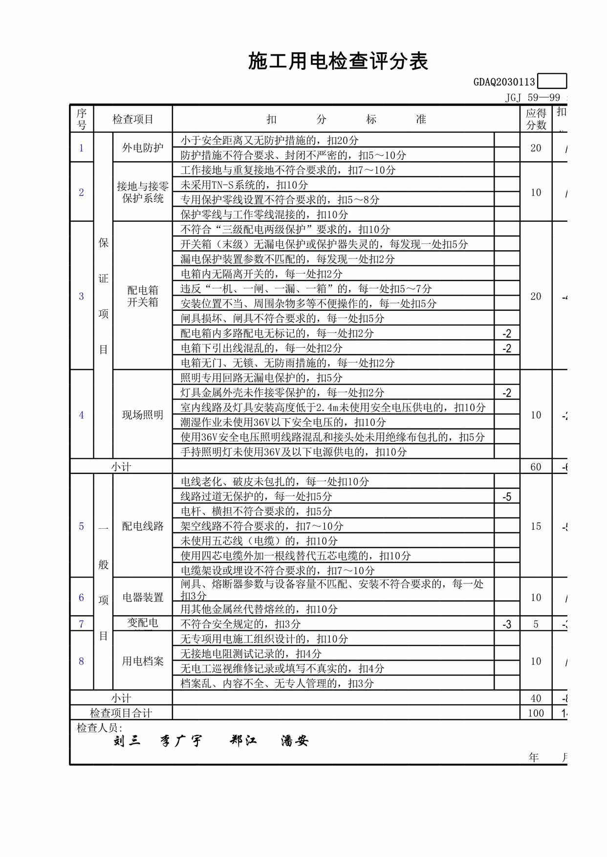 “施工用电检查评分表GDAQXLS”第1页图片