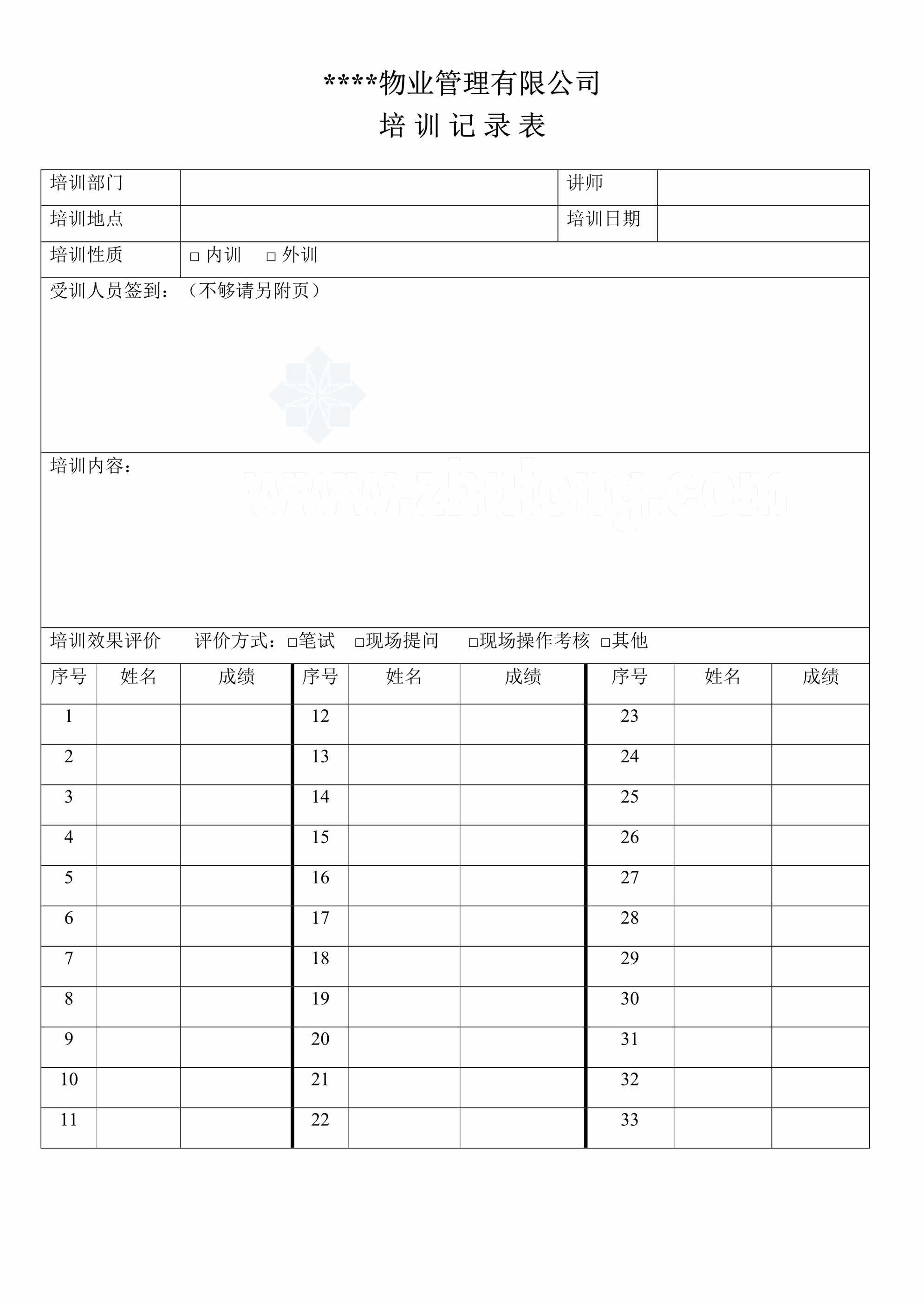 “物业管理有限公司培训记录表DOC”第1页图片