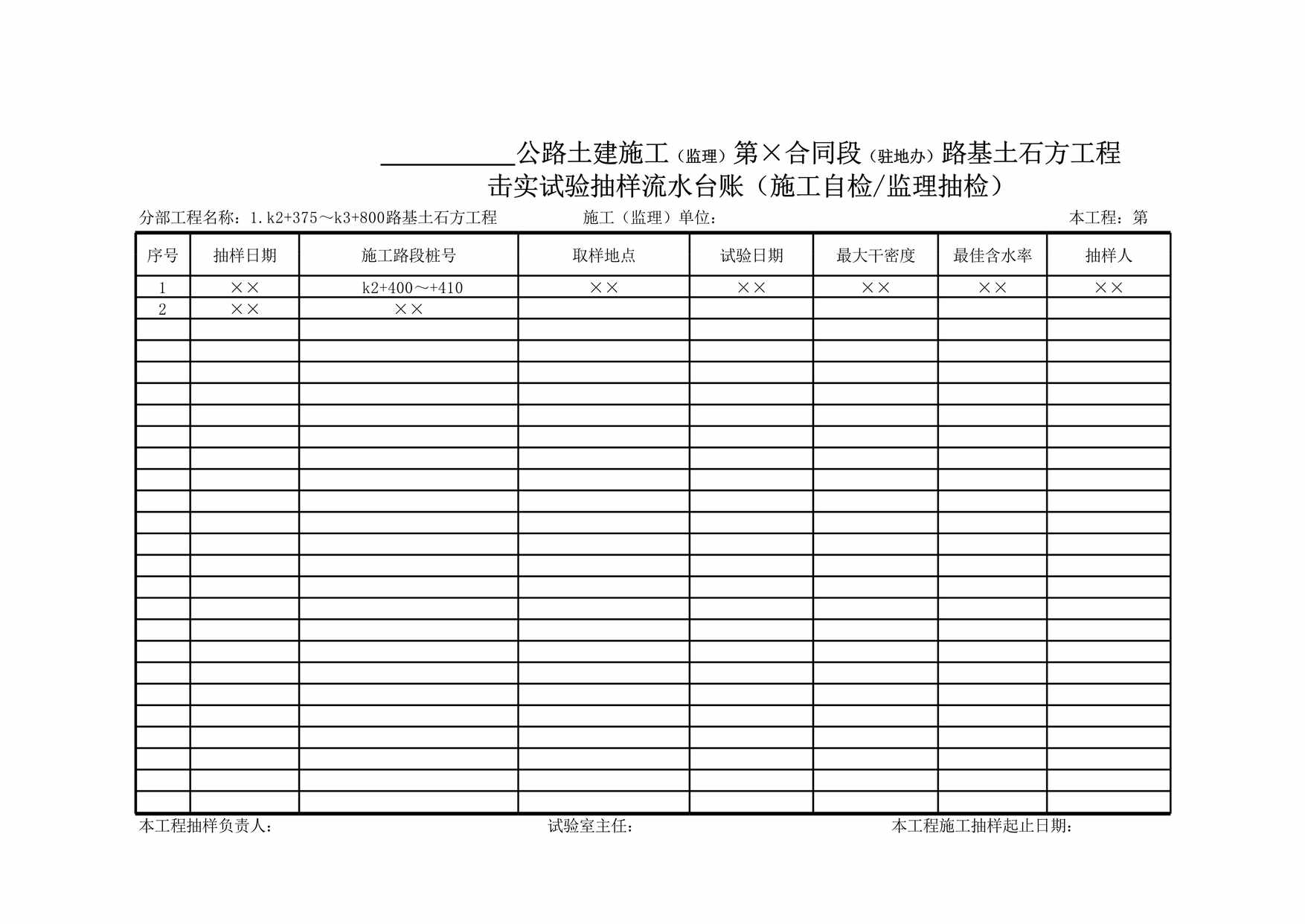 “路基土石方工程击实试验抽样流水台账XLS”第1页图片