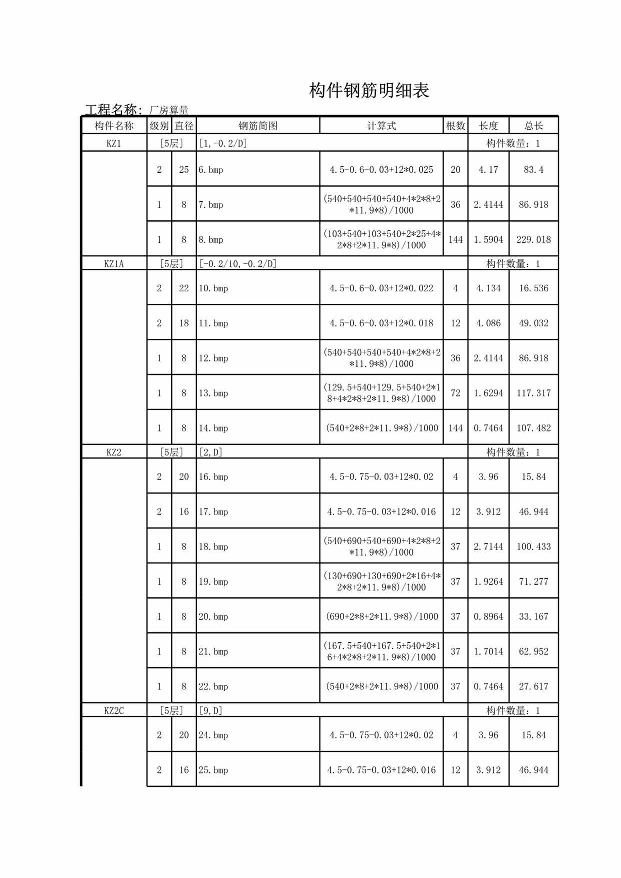 “楼层所有构件明细表五层XLS”第1页图片