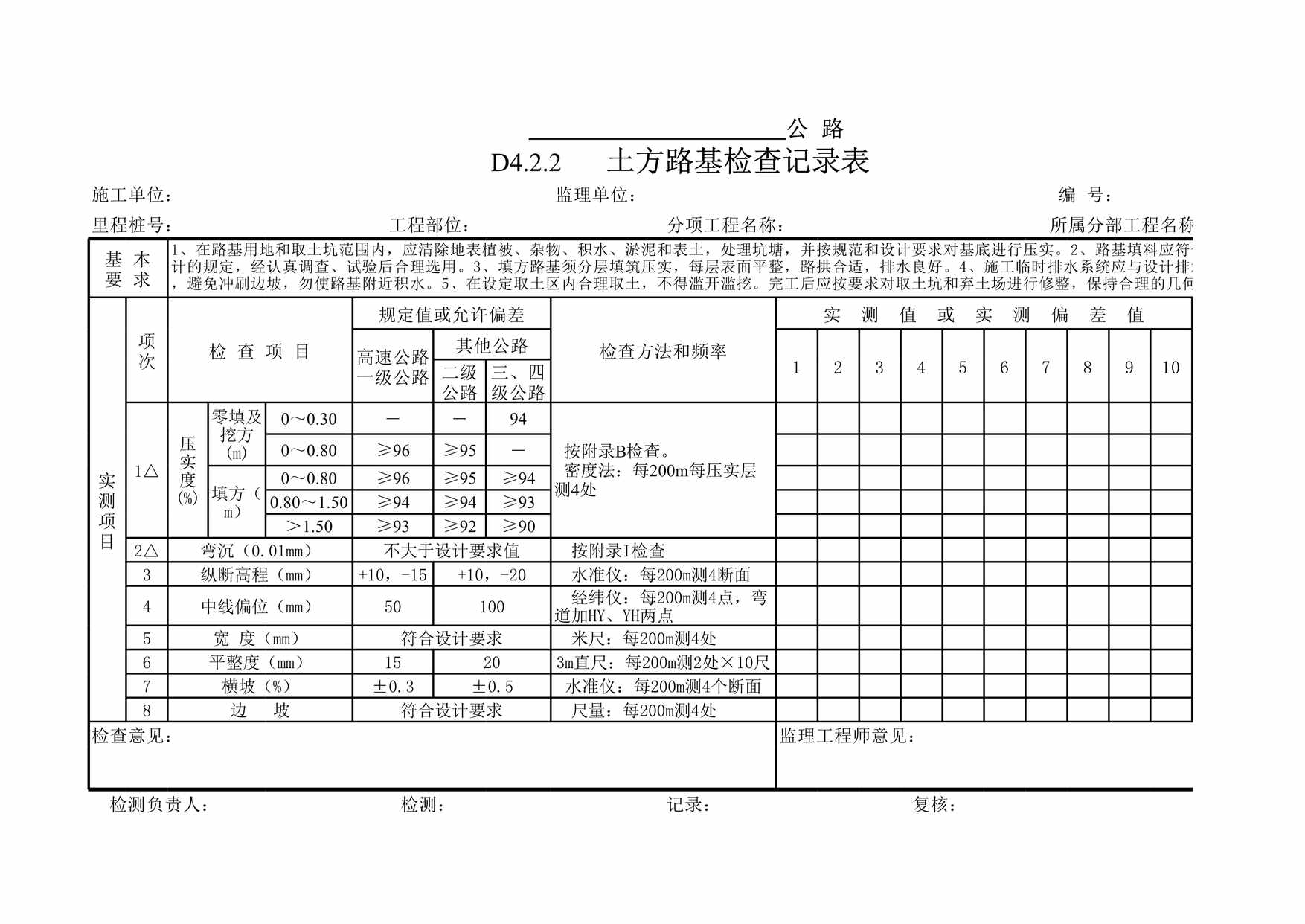 “路基土石方工程工序检查记录表XLS”第1页图片