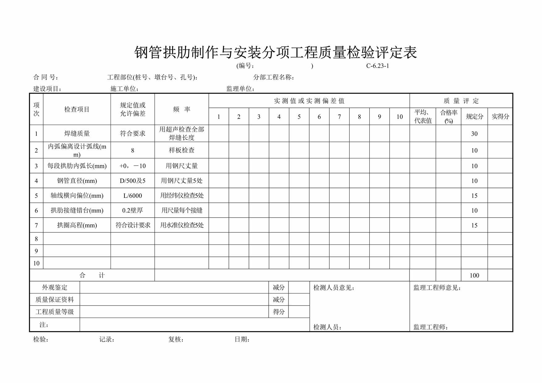 “钢管拱肋制作与安装分项工程质量检验评定表DOC”第1页图片