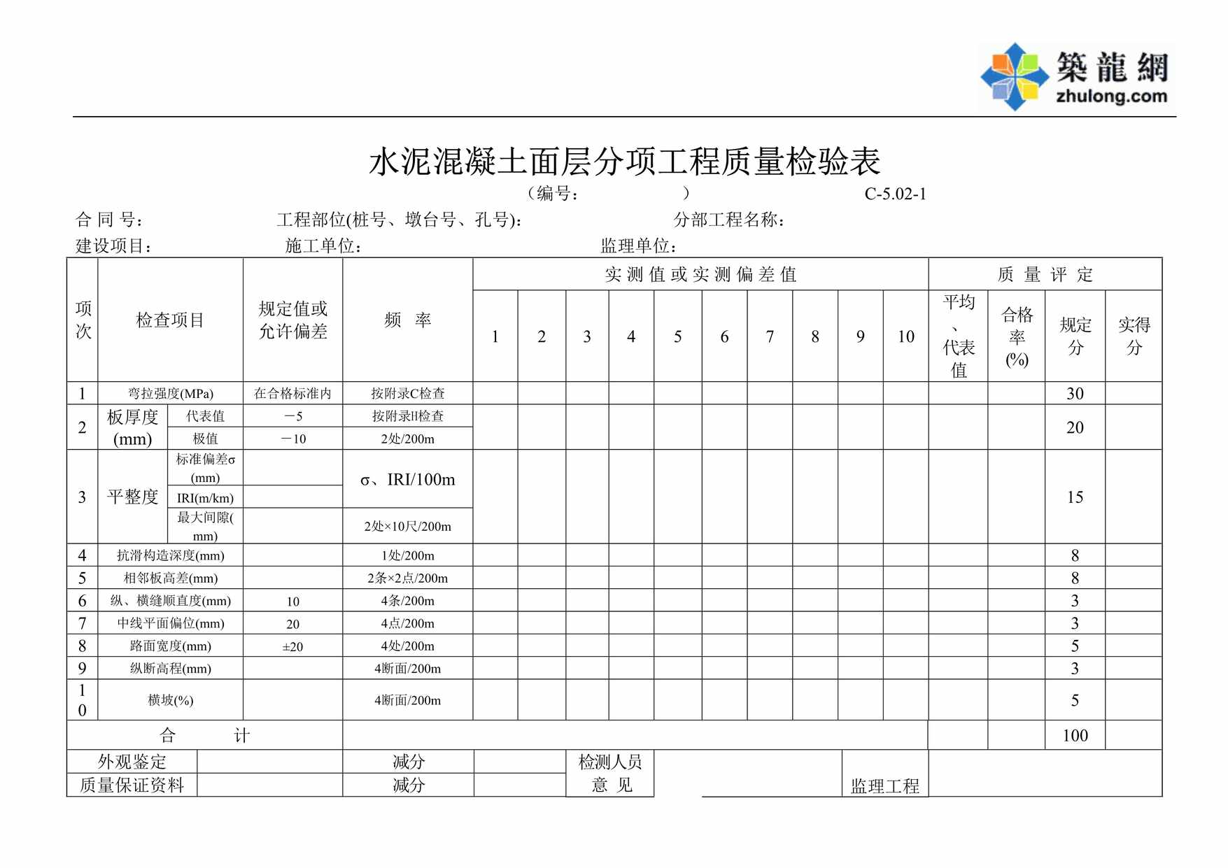 “水泥混凝土面层分项工程质量检验表DOC”第1页图片