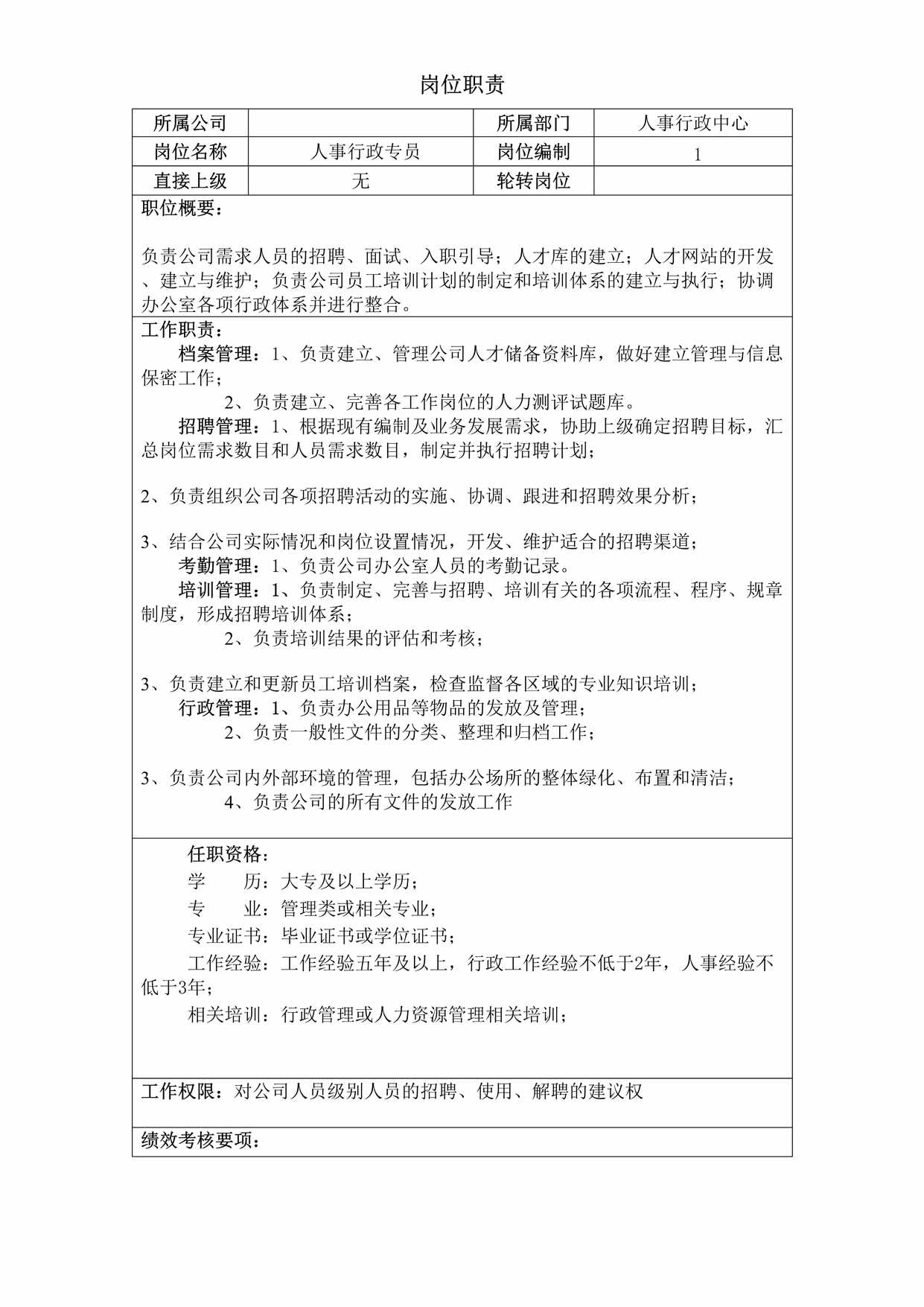 “人事行政专员岗位职责1页DOC”第1页图片