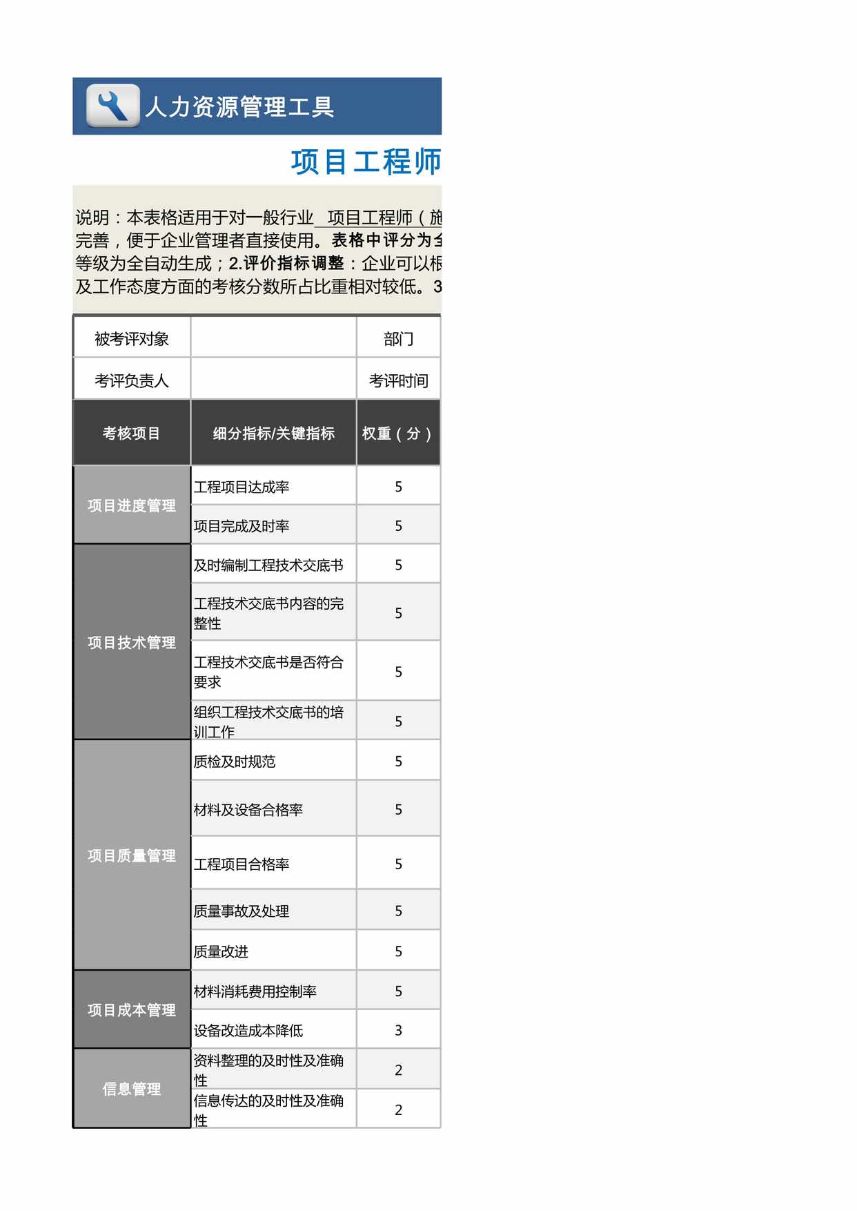 “项目工程师(施工类)绩效考核表(含自动计算及等级评价)XLS”第1页图片