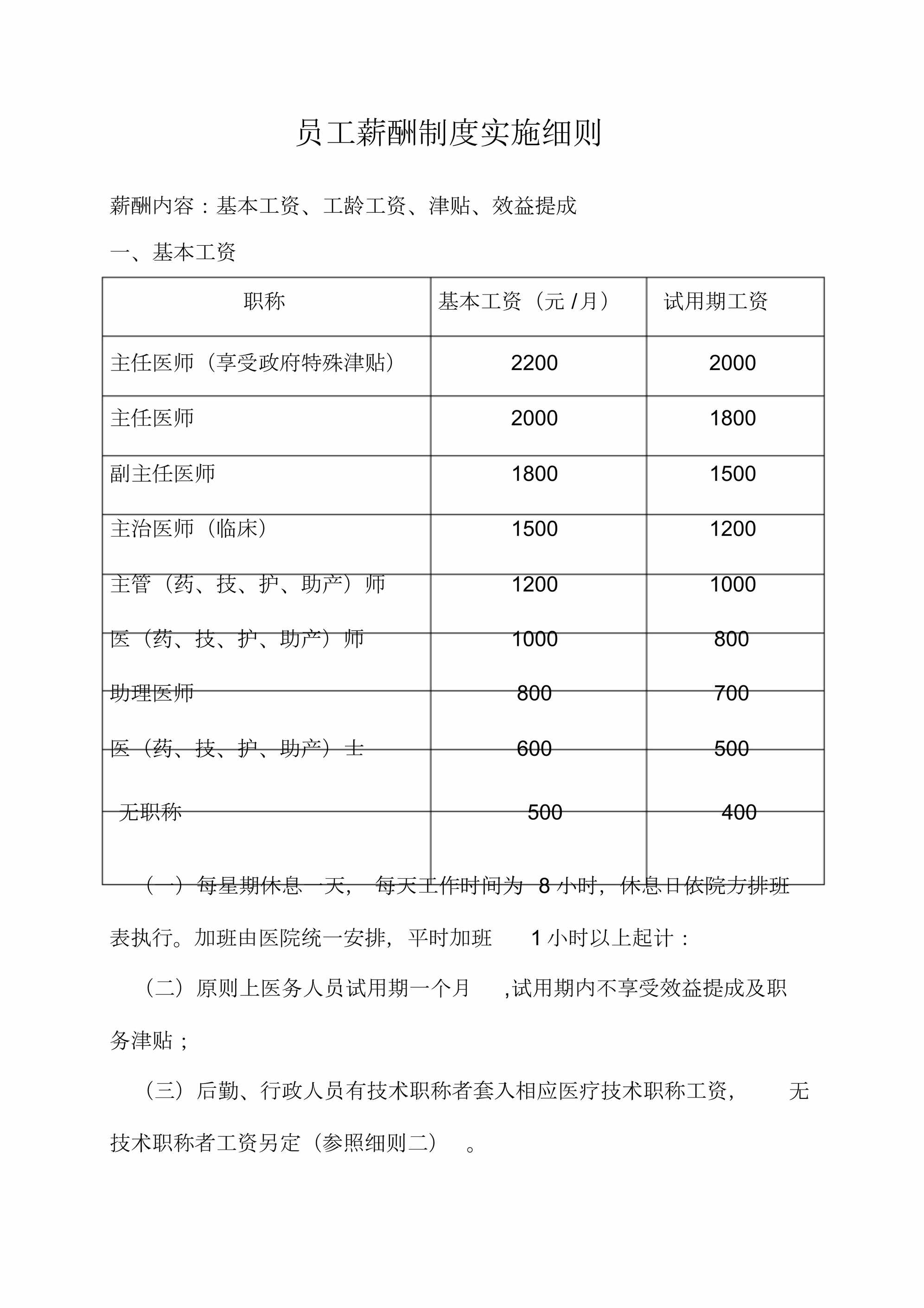 “医院员工薪酬制度实施细则DOC”第1页图片