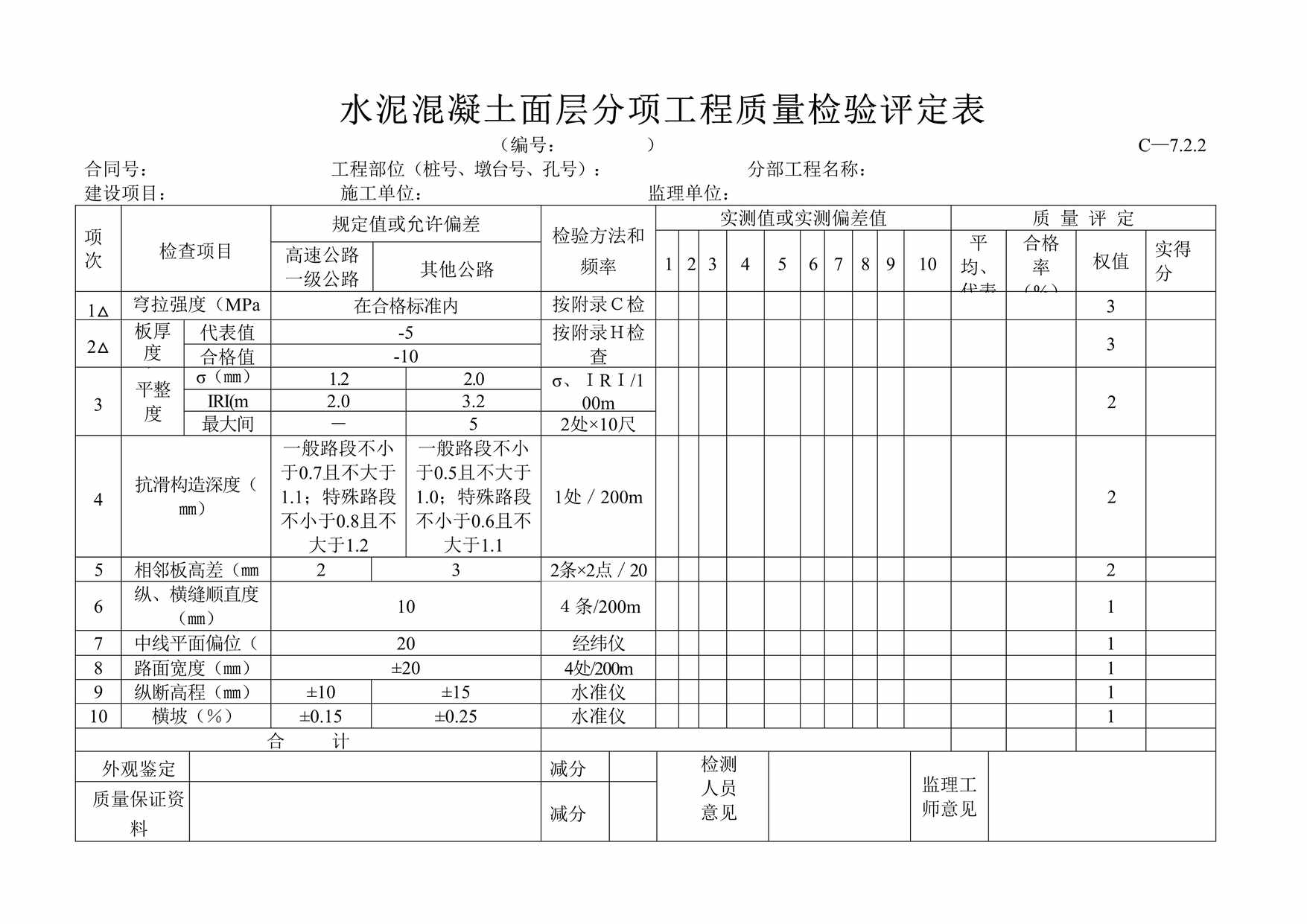 “水泥混凝土面层分项工程质量检验评定表DOC”第1页图片