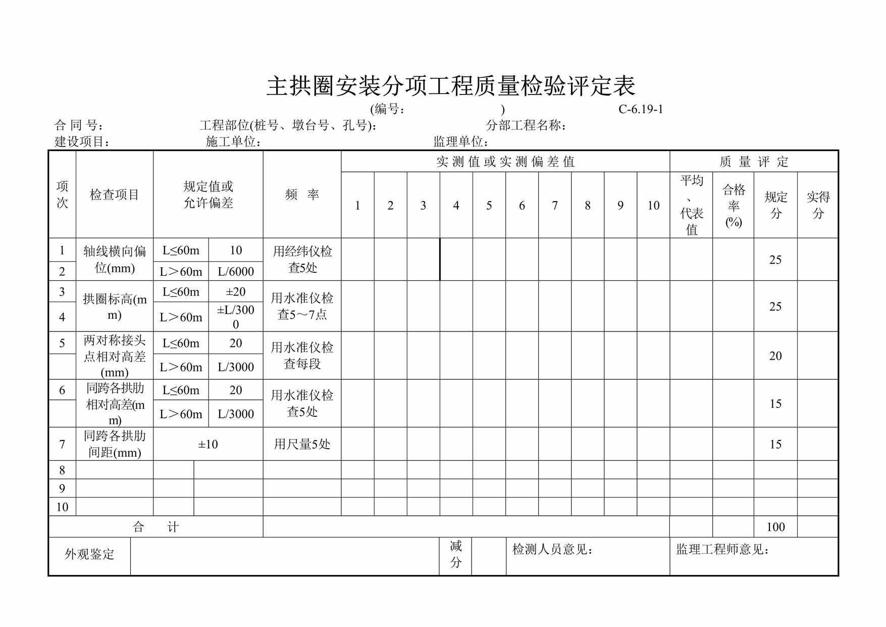 “悬臂拼装的桁架拱、桁架梁分项工程质量检验评定表DOC”第1页图片