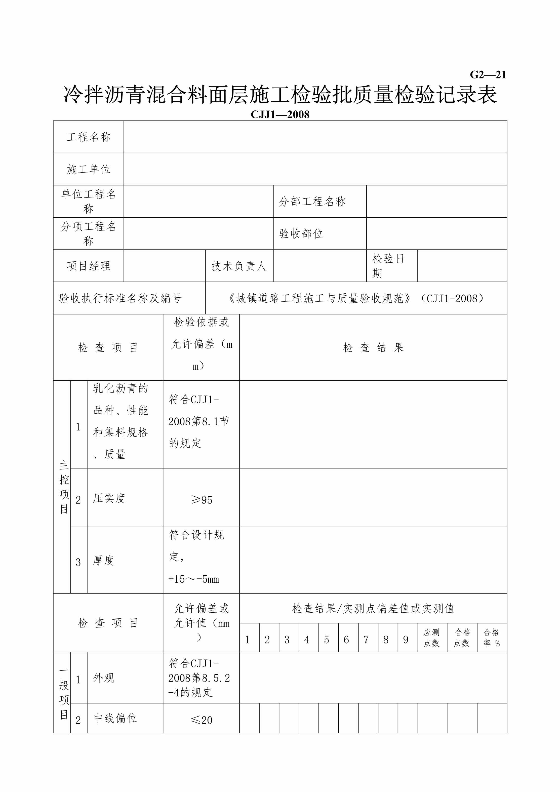 “G221冷拌沥青混合料面层施工检验批质量检验记录DOC”第1页图片