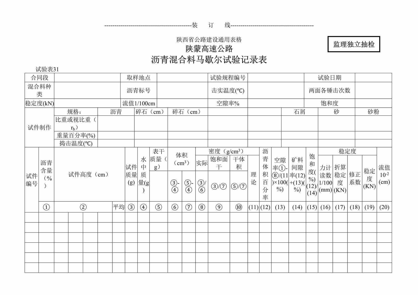 “陕蒙高速公路沥青混合料马歇尔试验记录表DOC”第1页图片