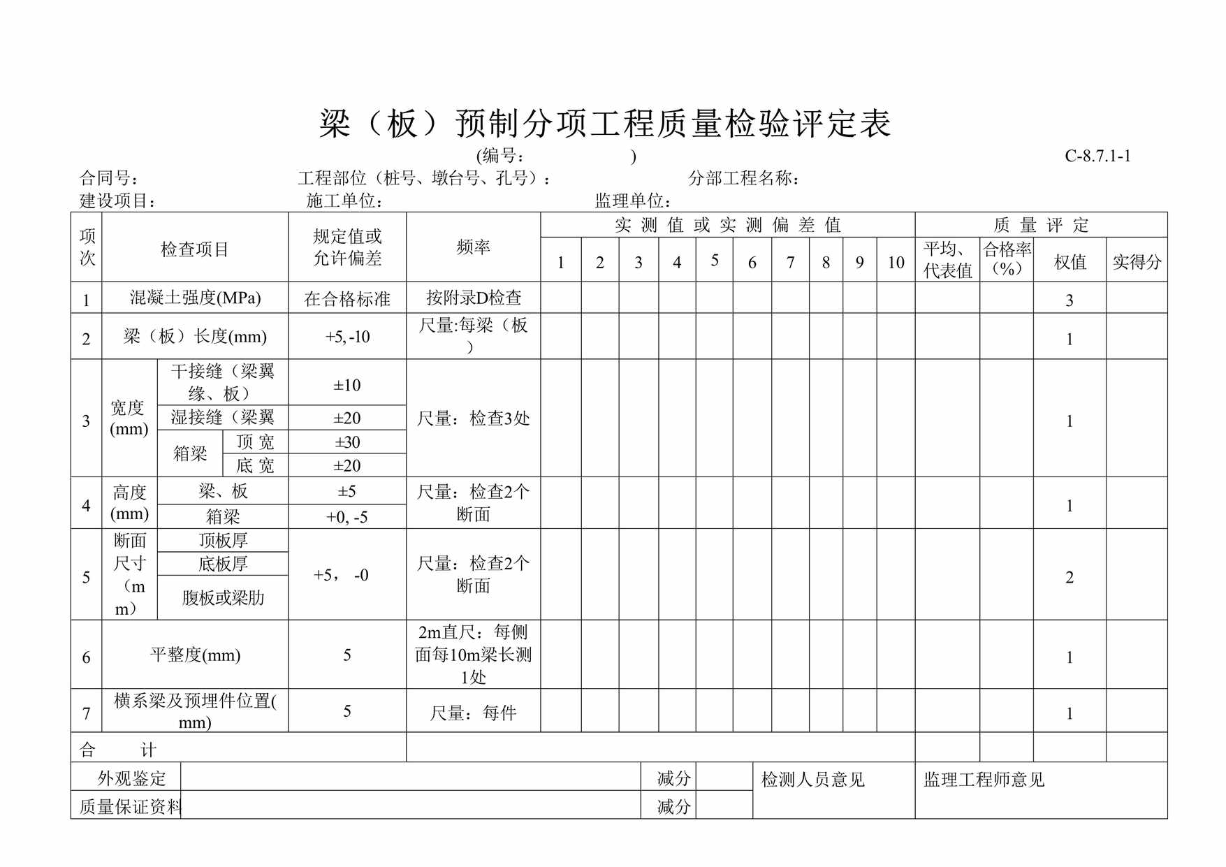 “梁（板）预制分项工程质量检验评定表DOC”第1页图片