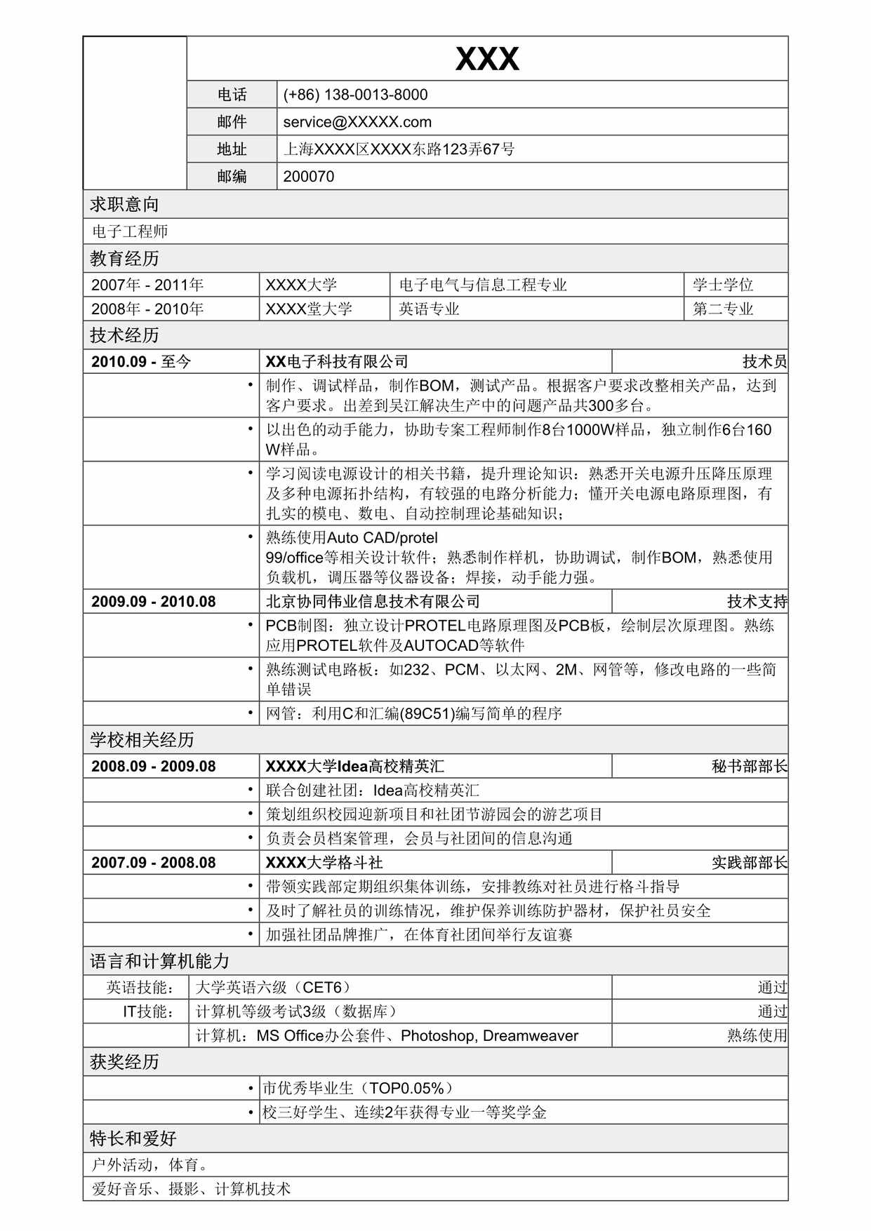 “应聘电子工程师岗位简历页式表格DOC”第1页图片