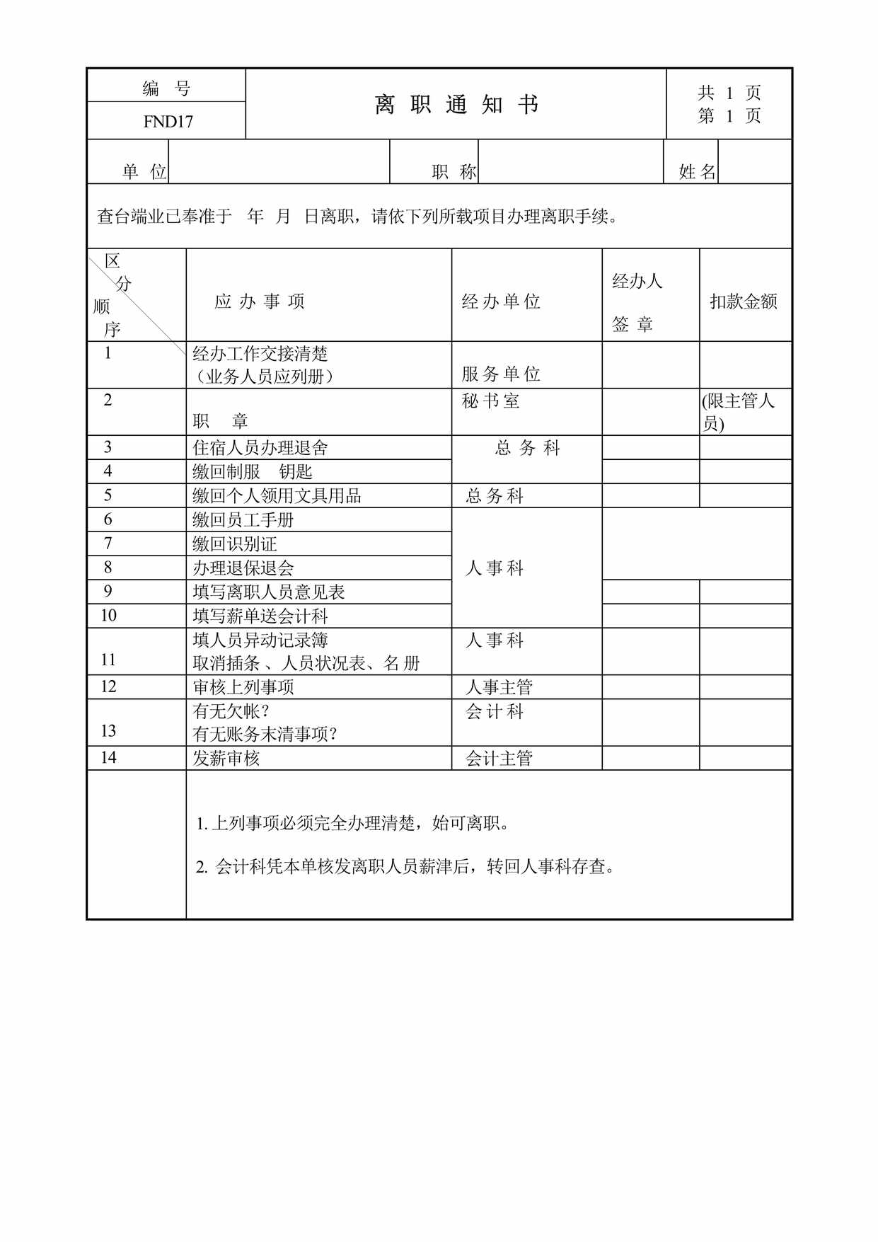 “编号FND17共1页离职通知书DOC”第1页图片