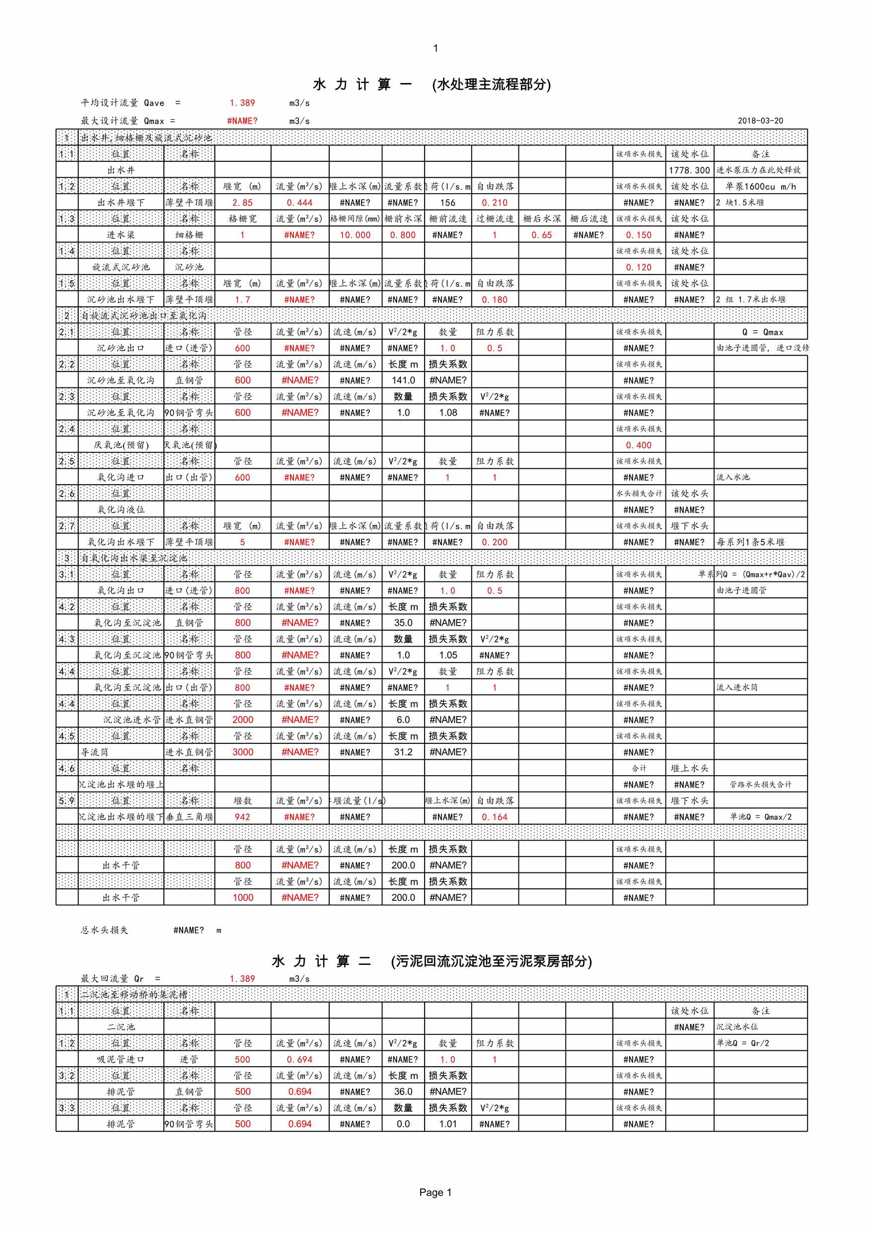 “污水处理厂计算书XLS”第1页图片