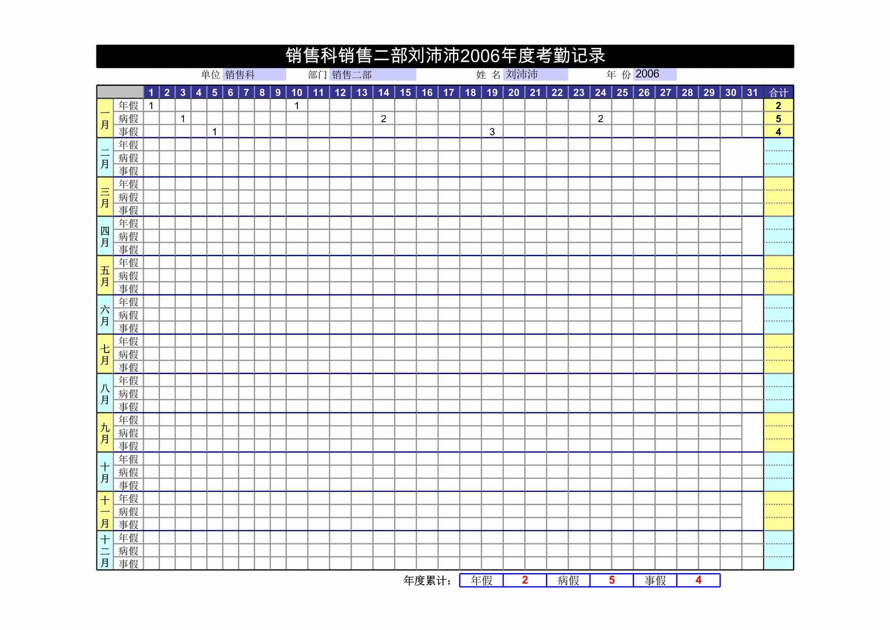 “年度考勤记录表XLS”第1页图片