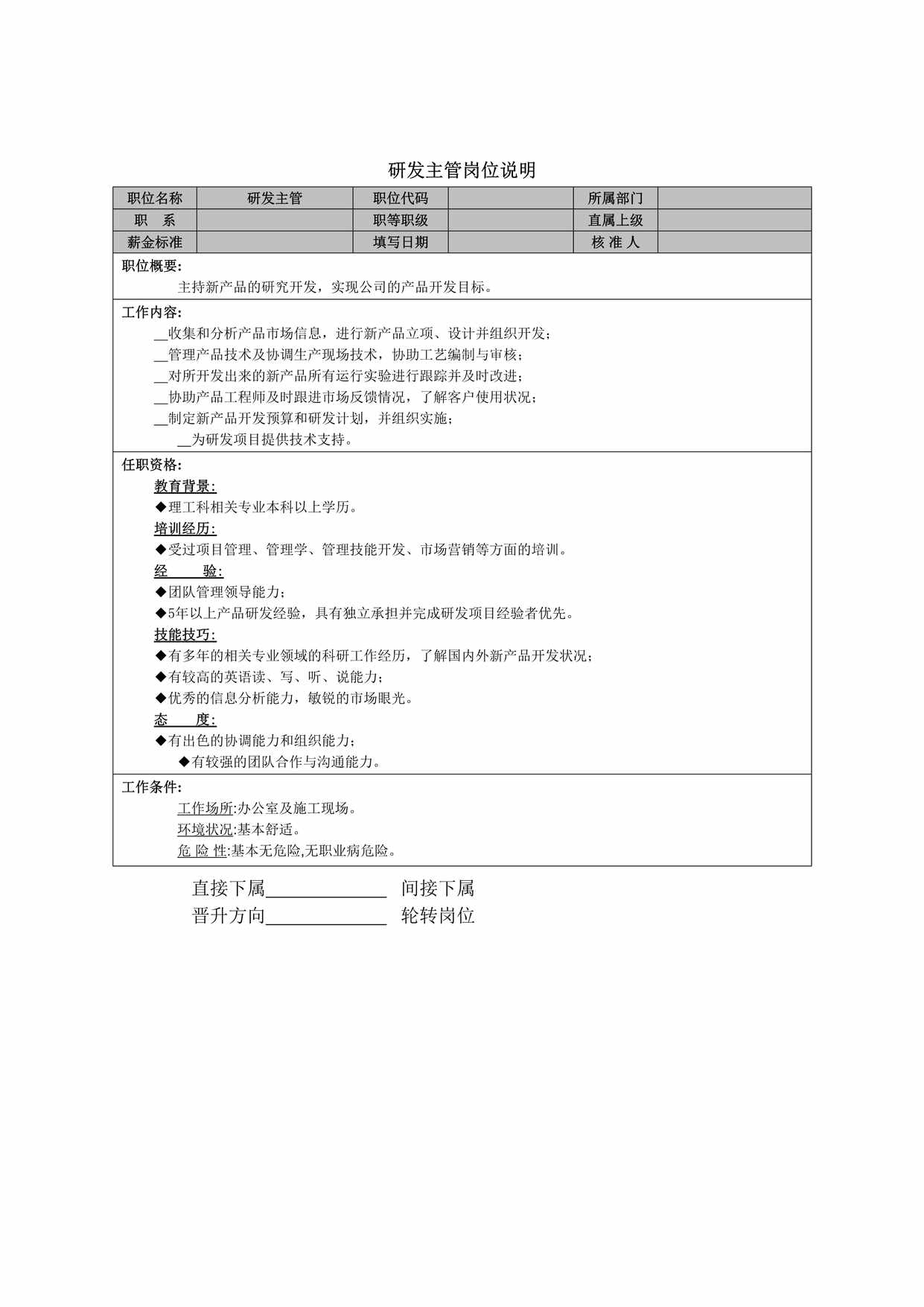 “研发主管岗位说明书DOC”第1页图片