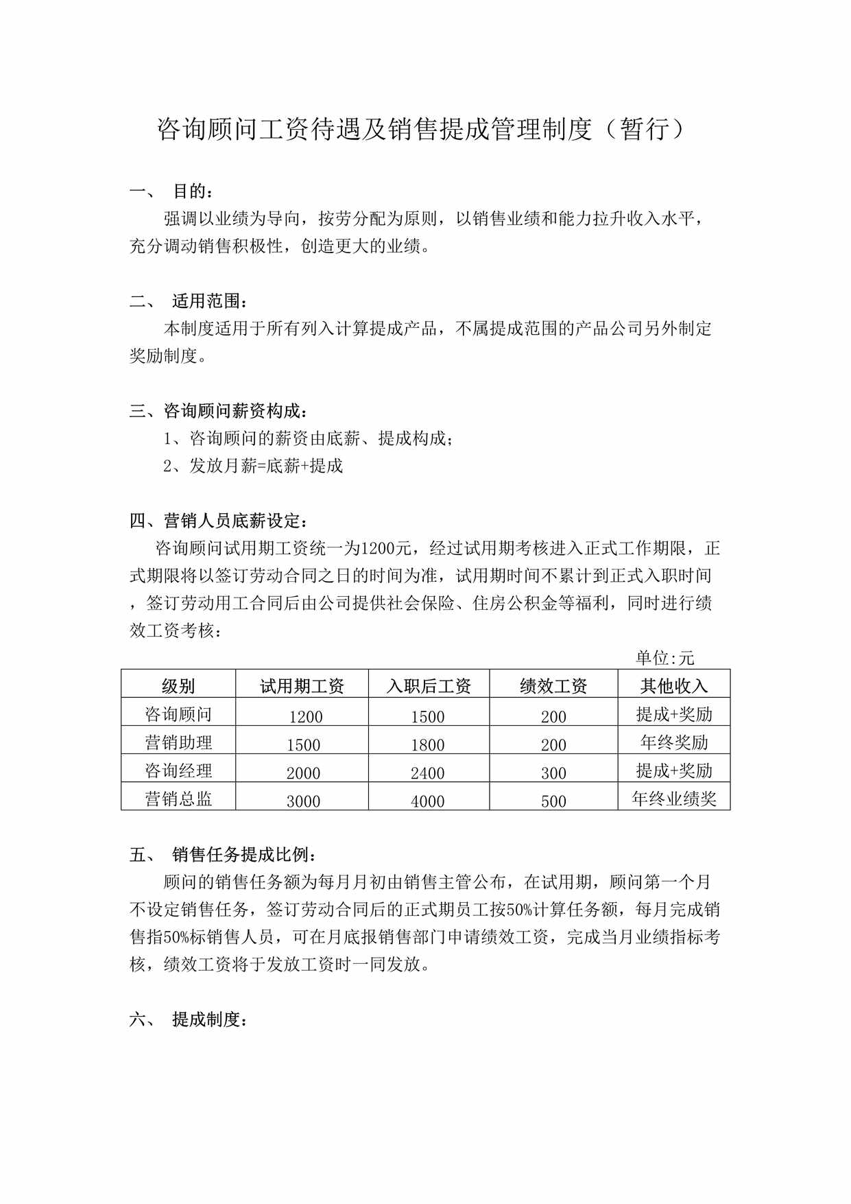 “咨询顾问工资待遇及销售提成管理制度(暂行)DOC”第1页图片