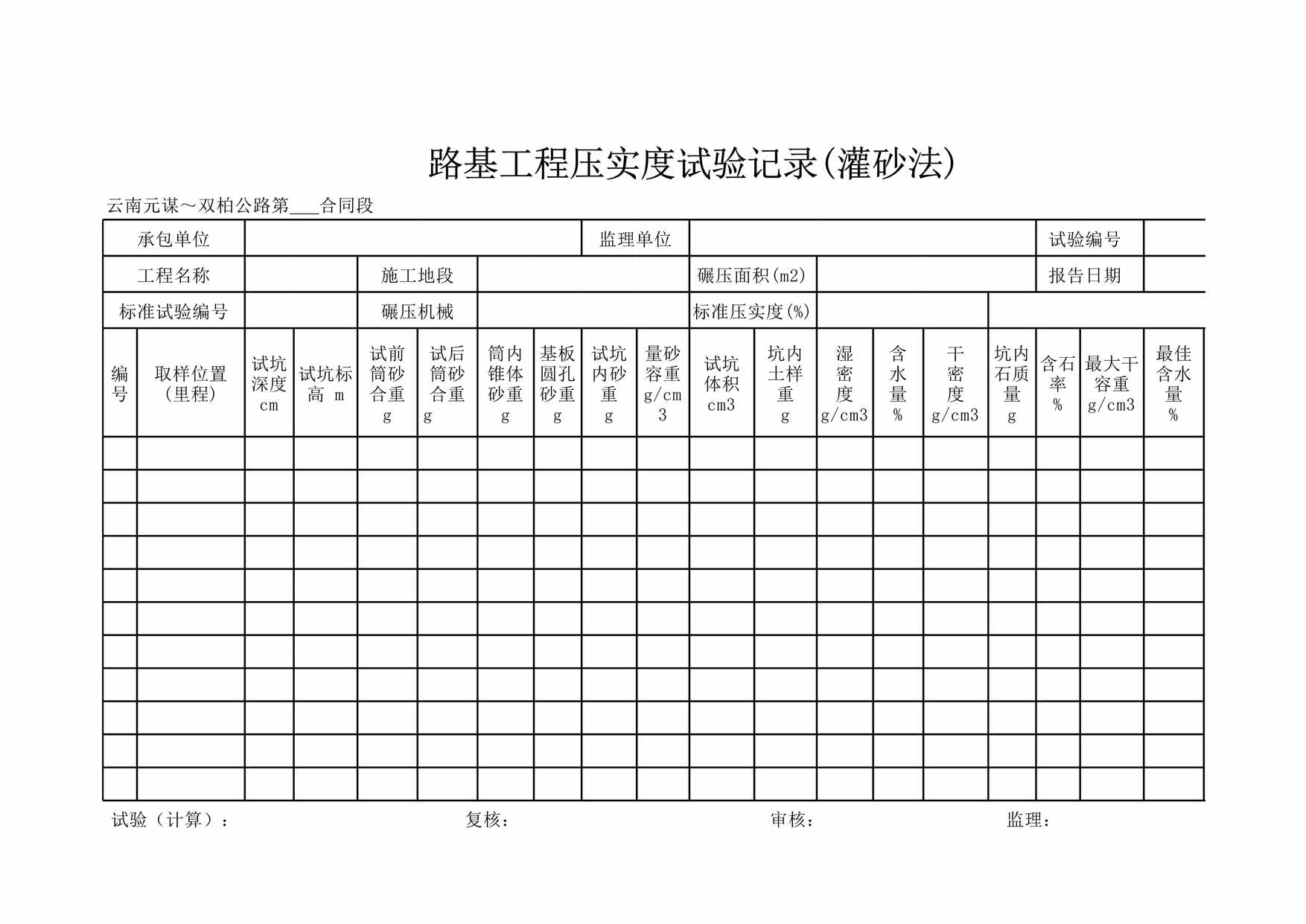 “路基工程压实度试验记录表(灌砂法)XLS”第1页图片