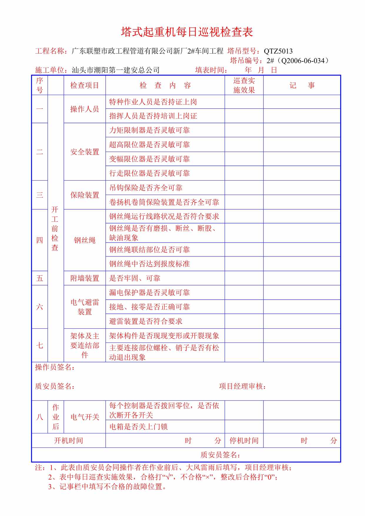 “塔式起重机每日巡视检查表DOC”第1页图片