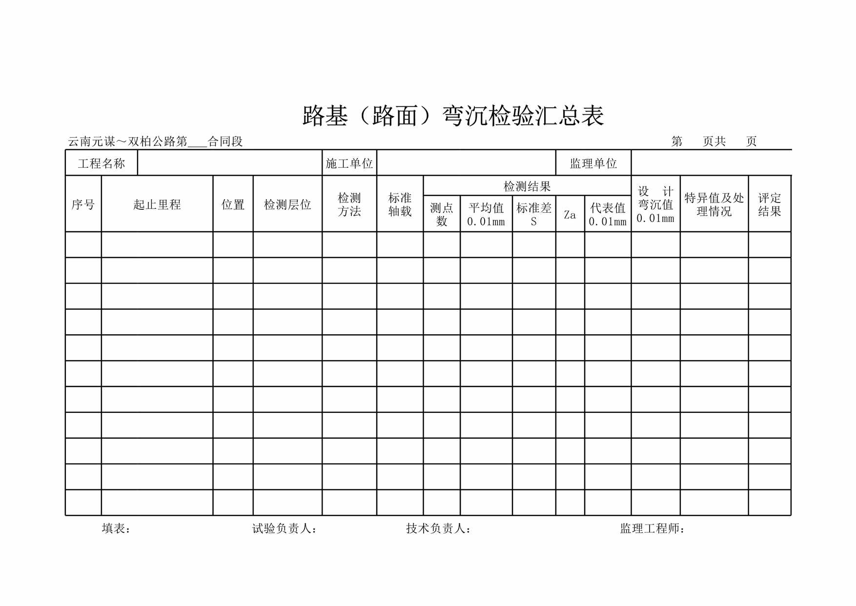 “路基路面弯沉检验汇总表XLS”第1页图片