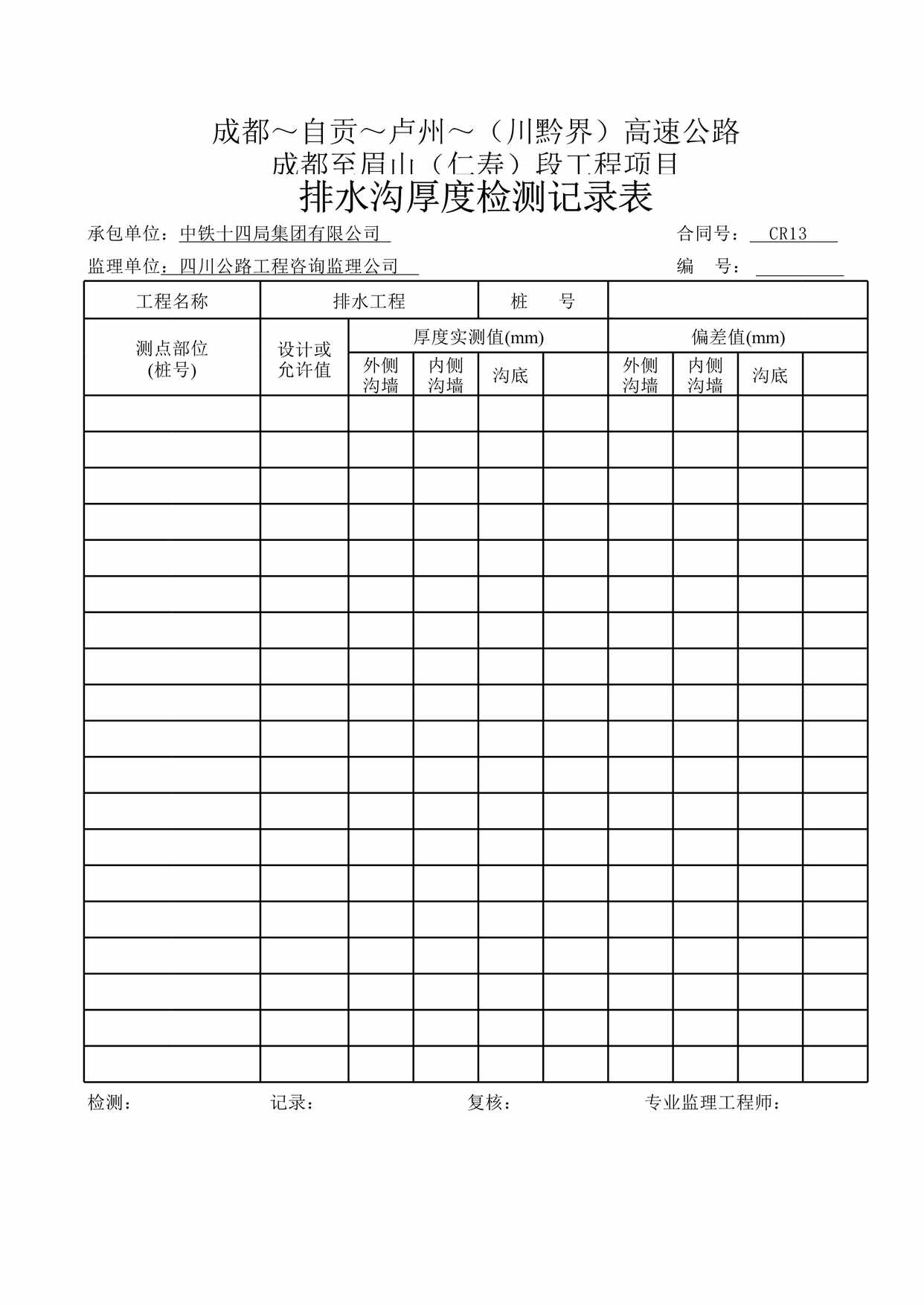 “排水沟厚度检测记录表XLS”第1页图片