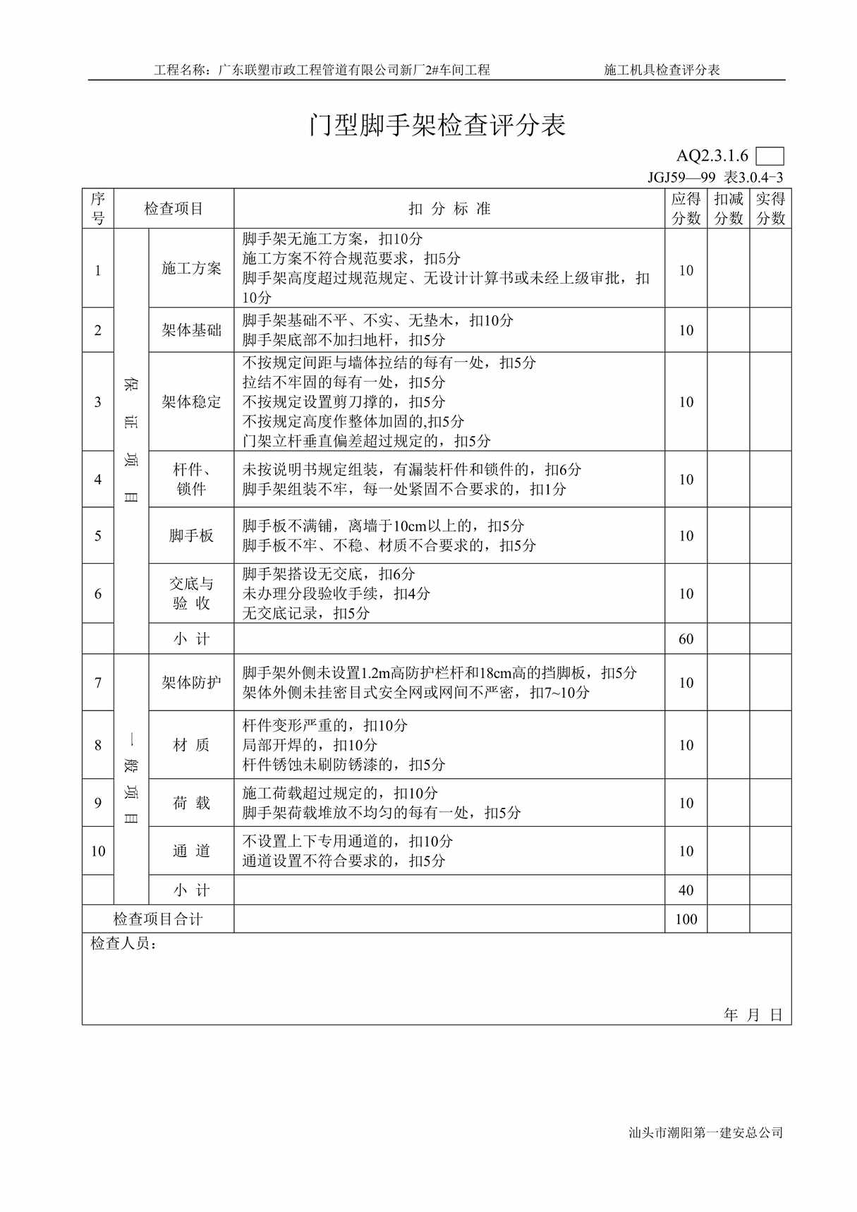 “市政工程管道公司车间工程门型脚手架检查评分表DOC”第1页图片