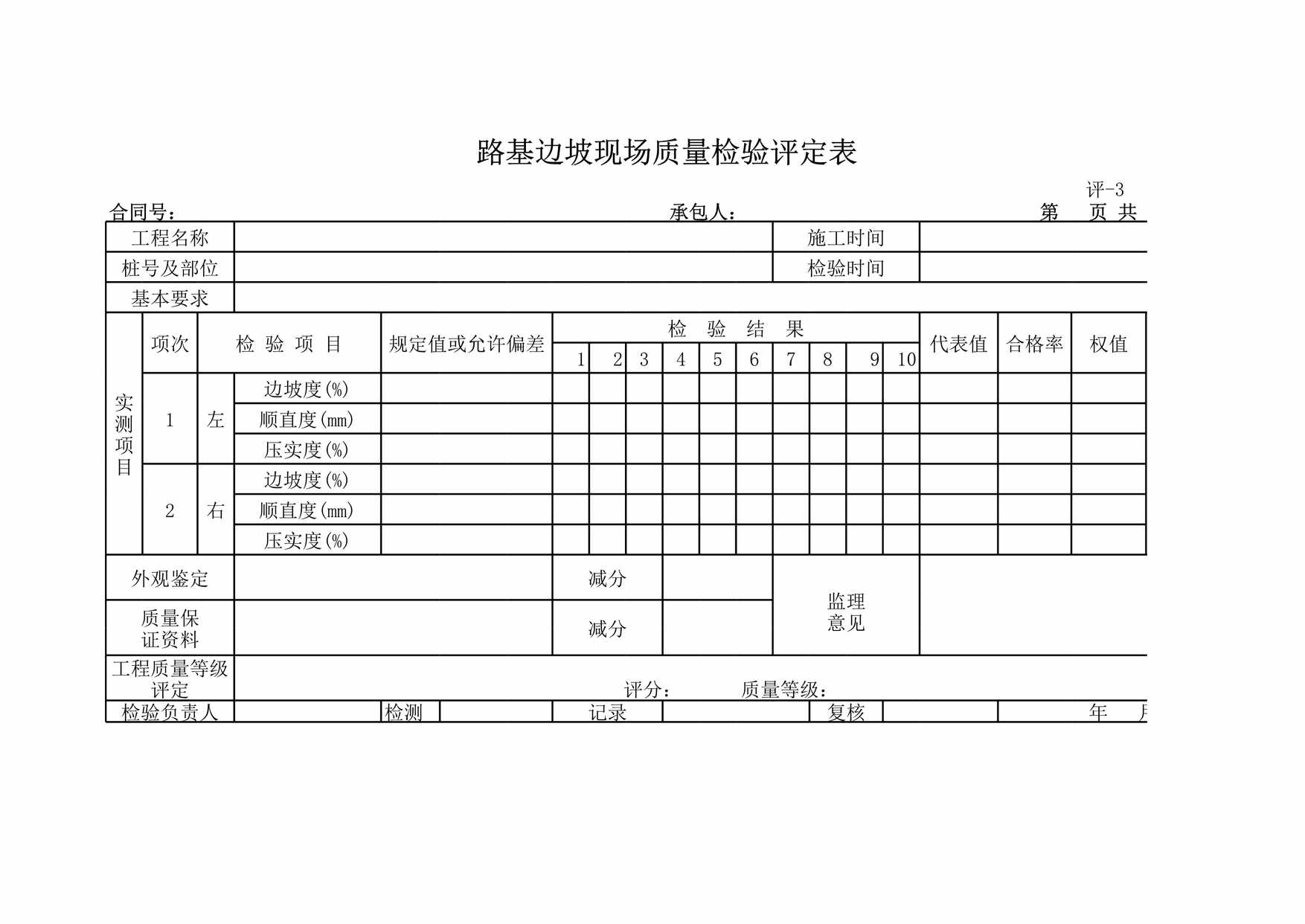 “评路基边坡现场质量检验评定表XLS”第1页图片