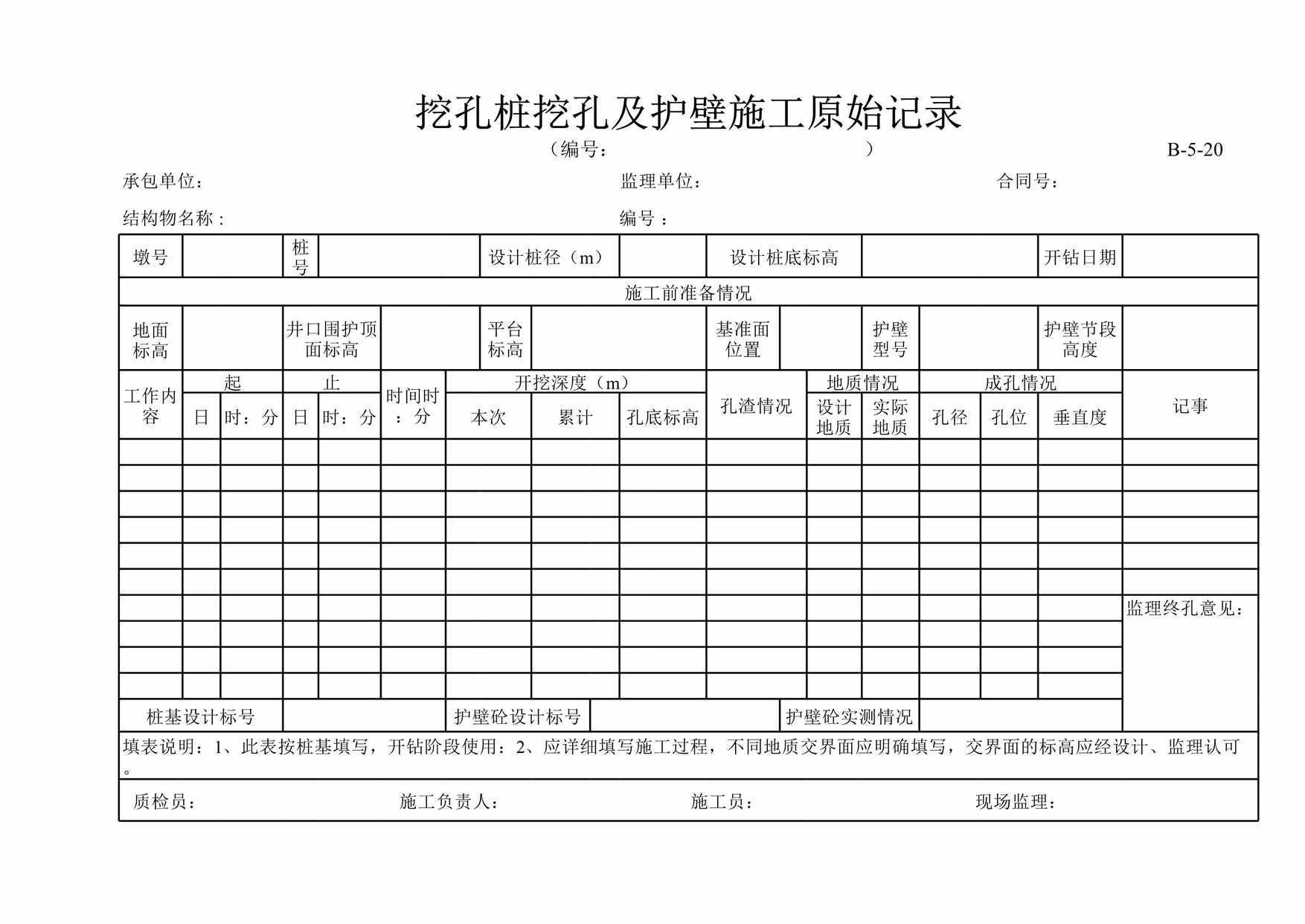 “挖孔桩挖孔及护壁施工记录表XLS”第1页图片