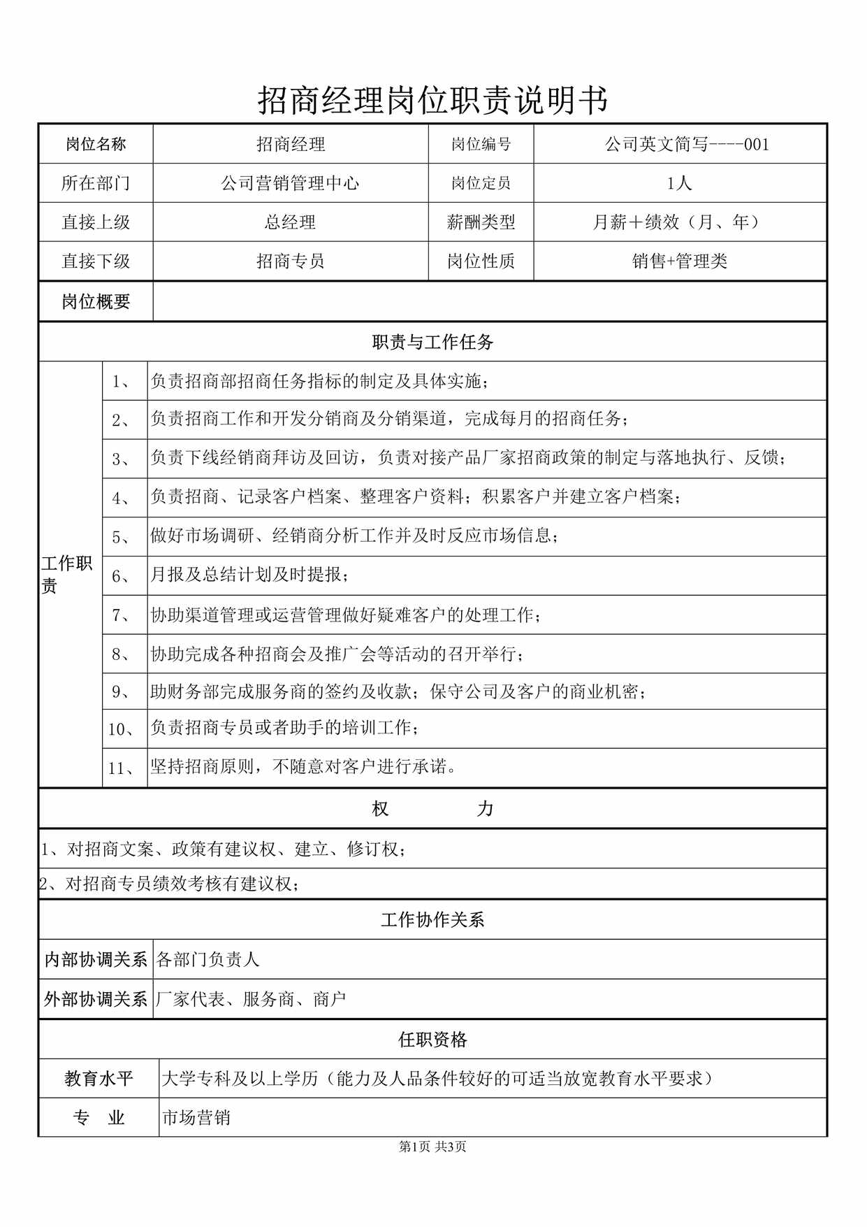 “招商经理岗位职责薪资体系绩效考核设计DOC”第1页图片