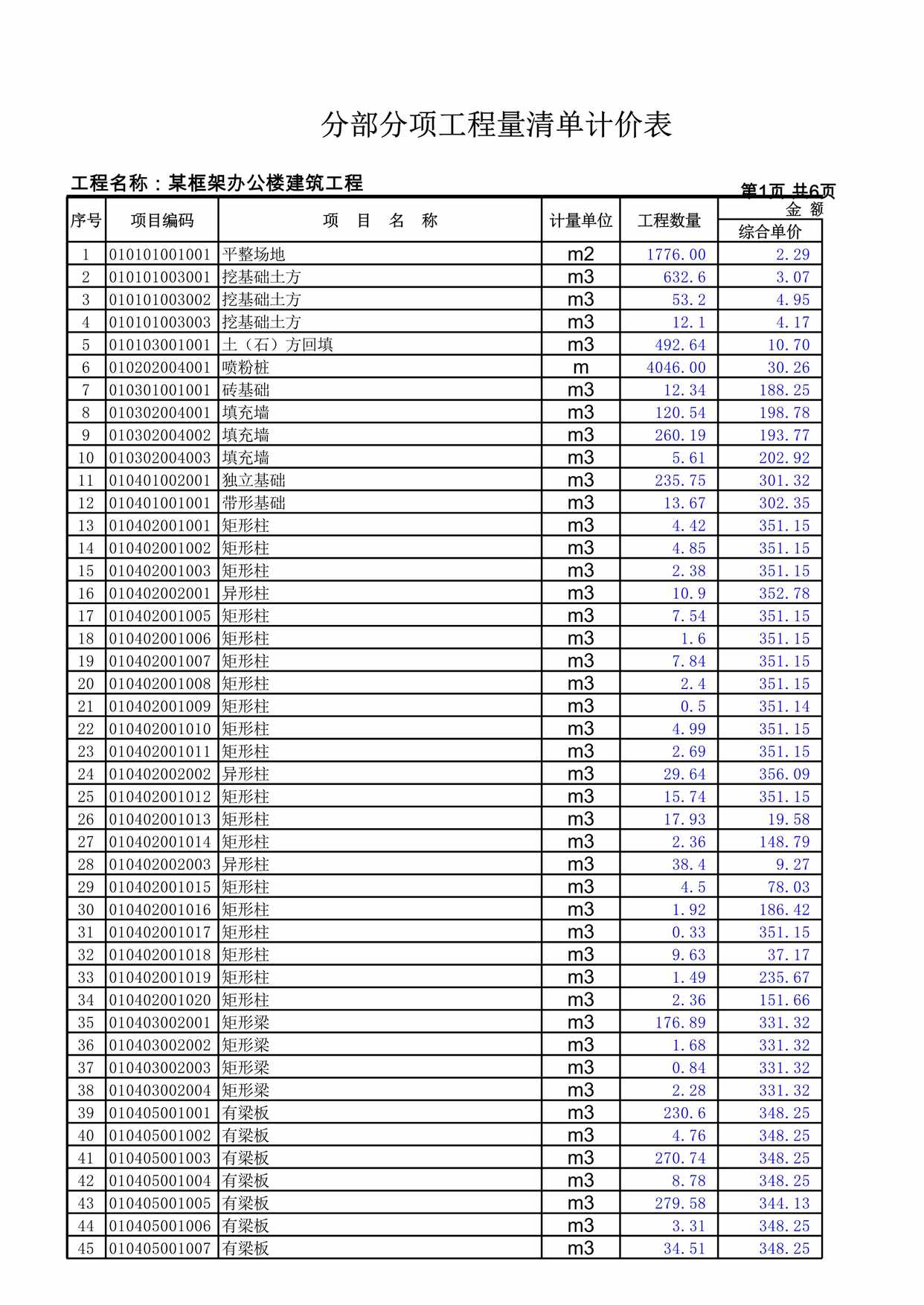 “某框架办公楼_分部分项工程量清单计价表XLS”第1页图片