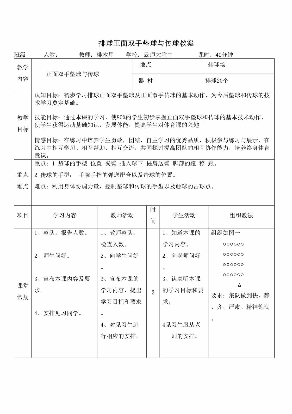 “排球正面双手垫球与传球教案DOC”第1页图片