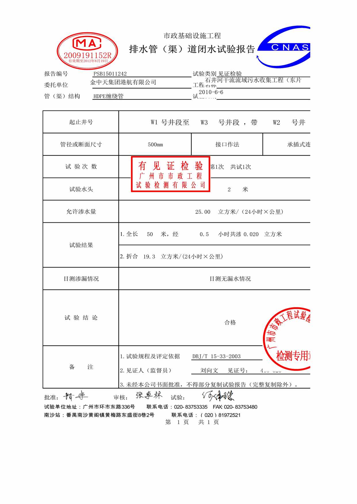 “排水管渠道闭水试验报告XLS”第1页图片