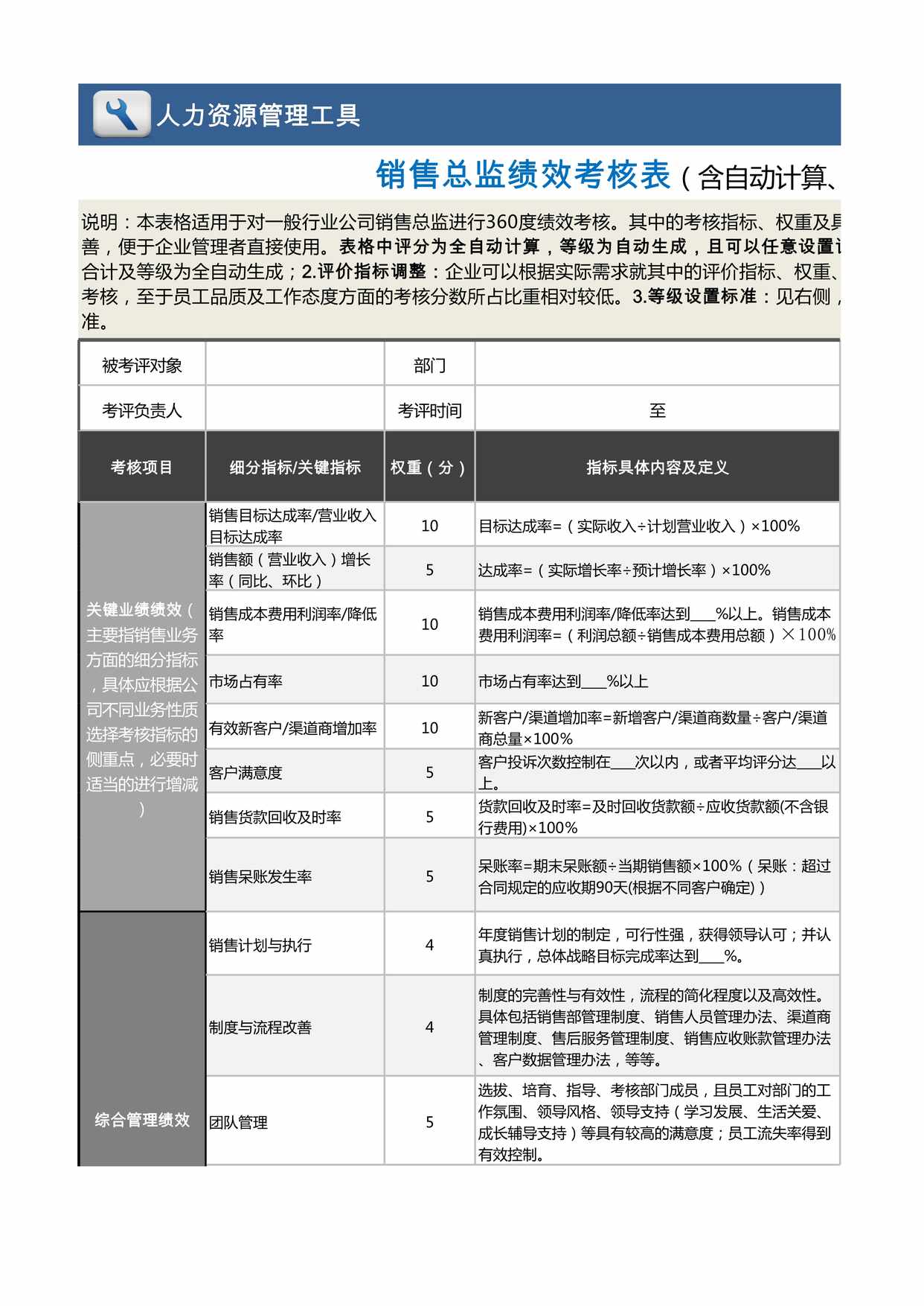 “销售总监绩效考核表(自动计算、等级评价)XLS”第1页图片