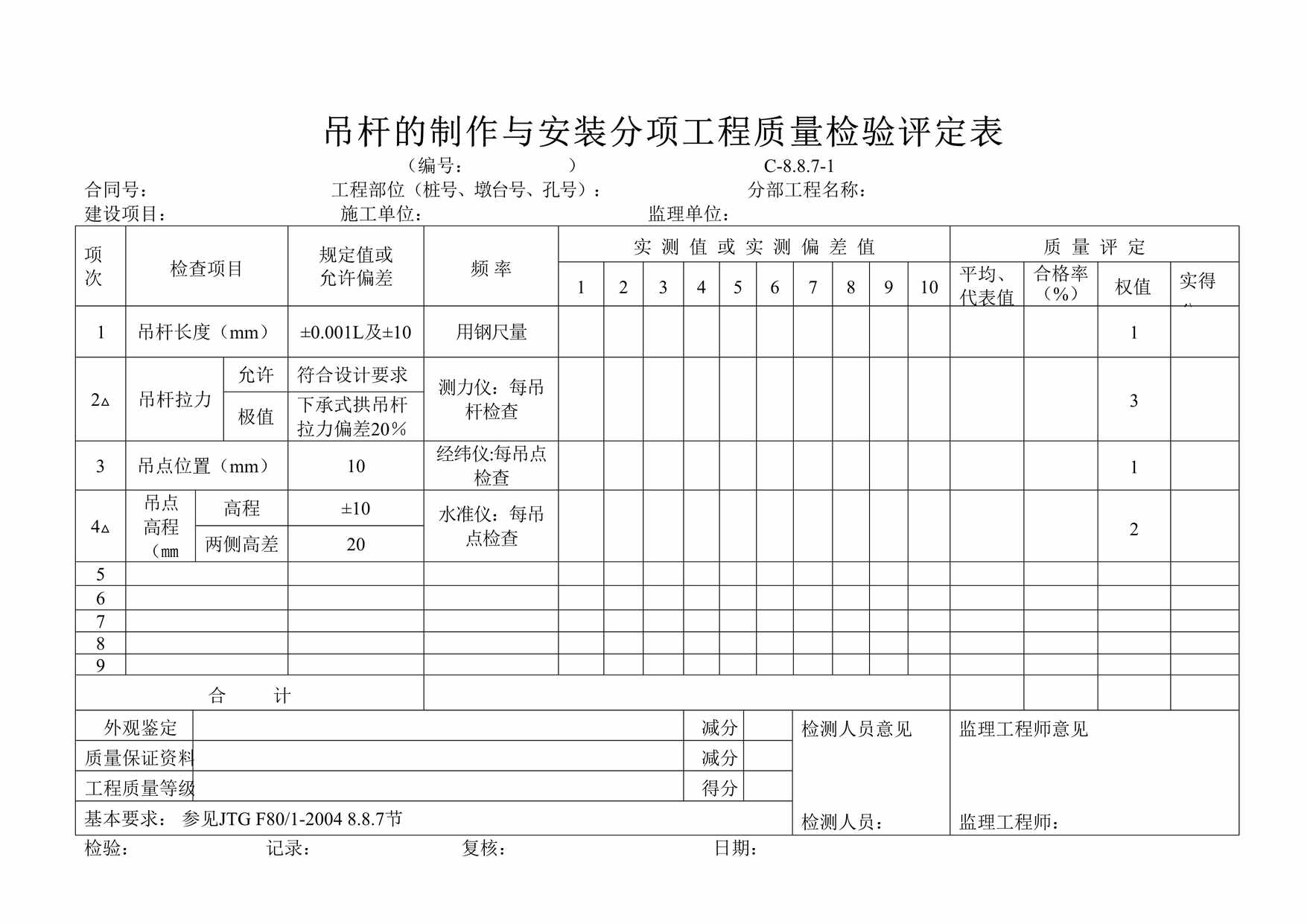 “吊杆的制作与安装分项工程质量检验评定表DOC”第1页图片