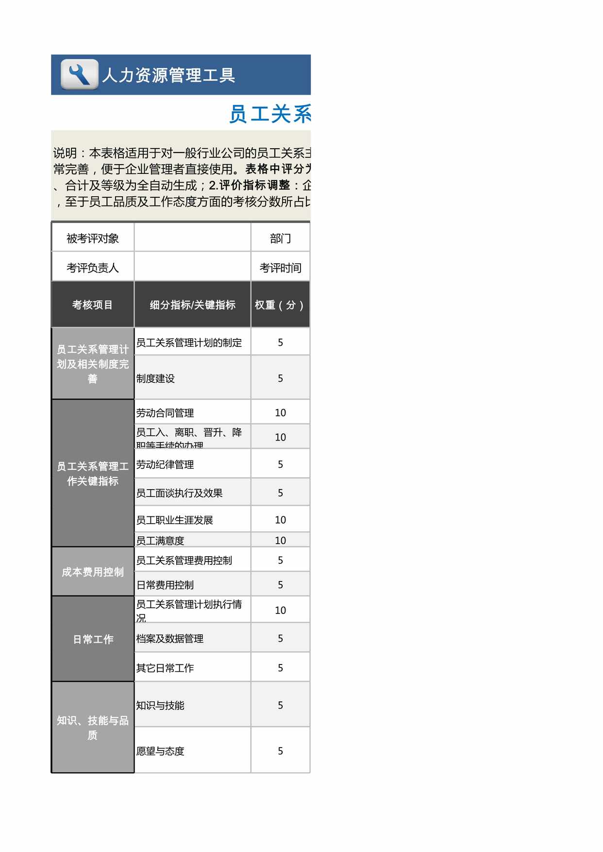 “员工关系主管绩效考核表(自动计算、任意等级评价)XLS”第1页图片