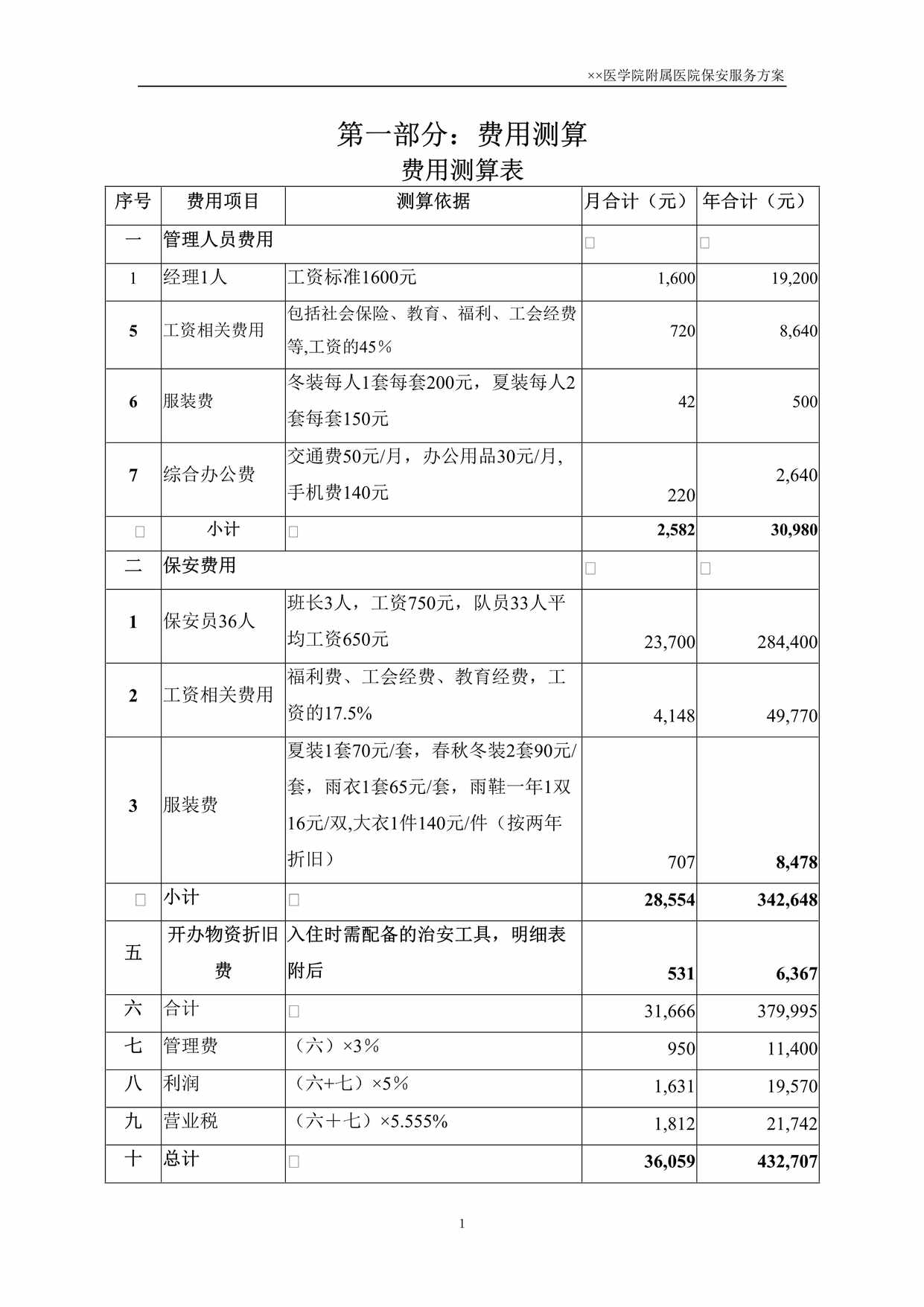 “医附属医院保安服务投标书(57页)DOC”第1页图片