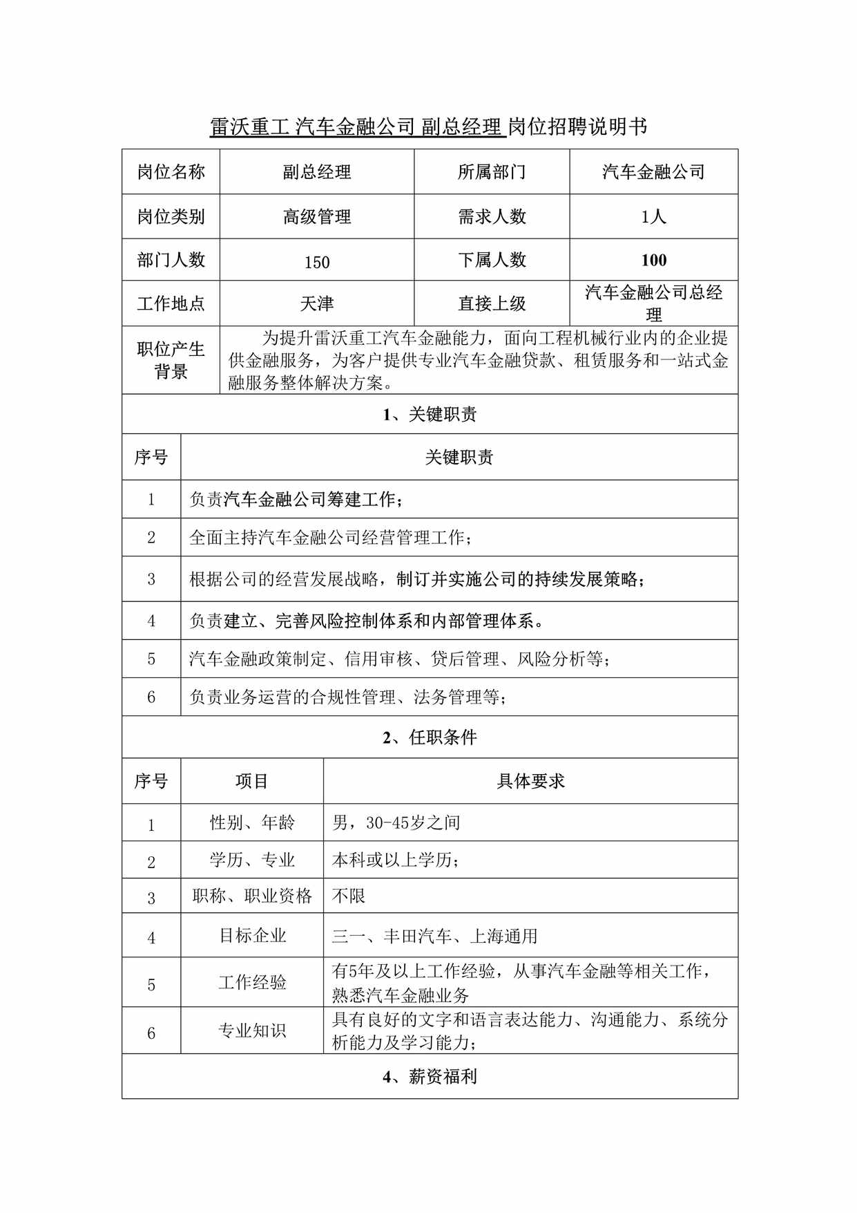 “雷沃重工汽车金融公司副总经理岗位招聘说明书DOC”第1页图片