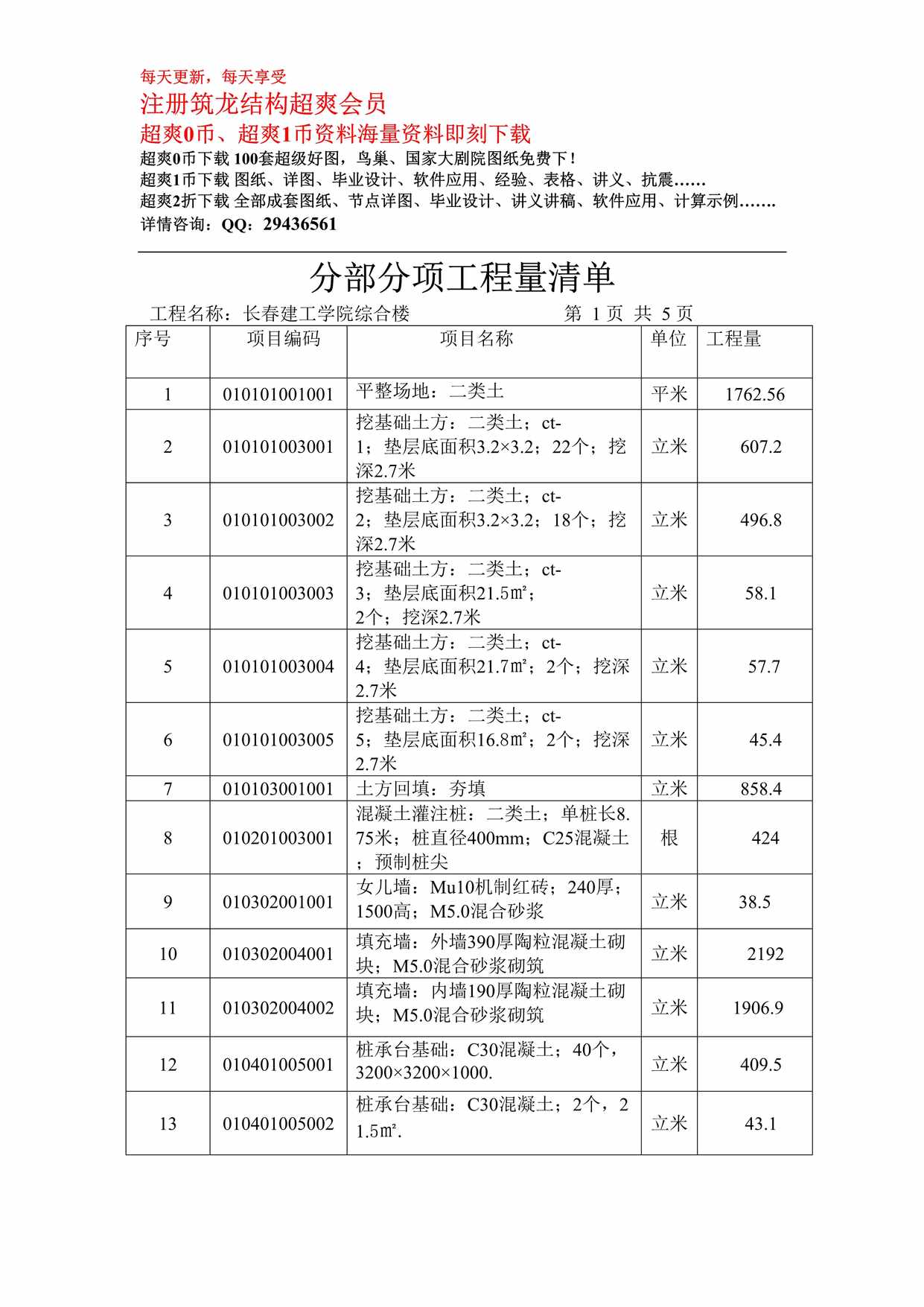 “长春建工学院综合楼项工程量清单DOC”第1页图片