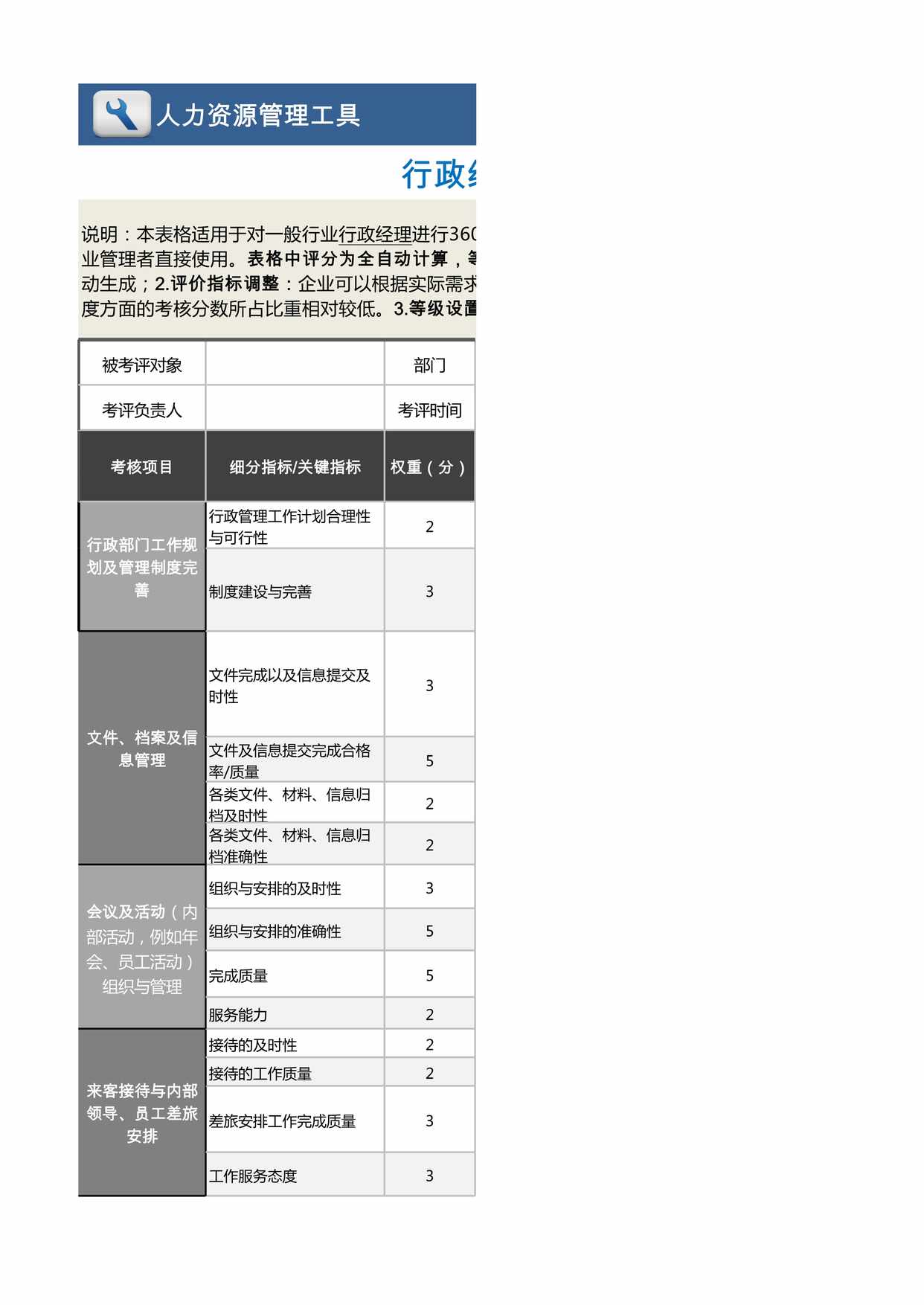 “行政经理绩效考核表(含自动计算、等级评价)XLS”第1页图片