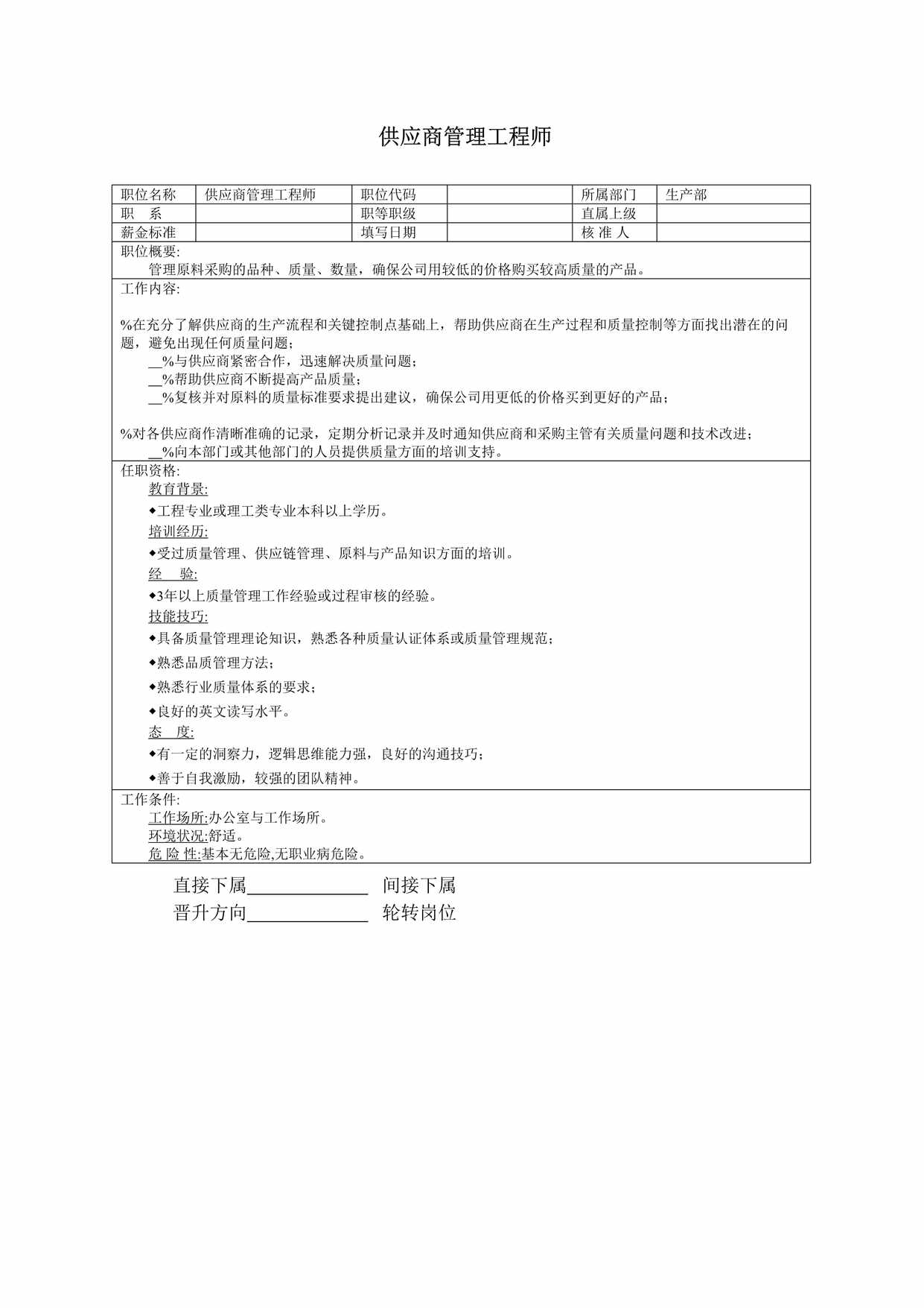 “供应商管理工程师职位说明书DOC”第1页图片