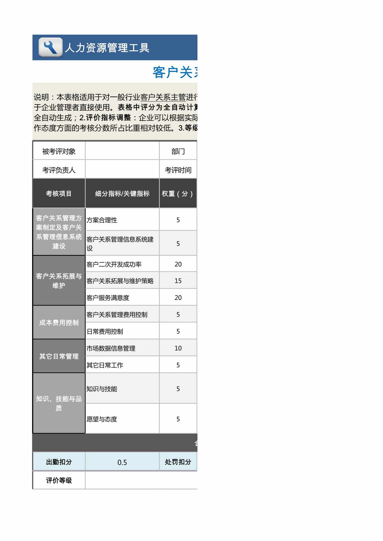 “客户关系主管绩效考核表(含自动计算、等级评价)XLS”第1页图片