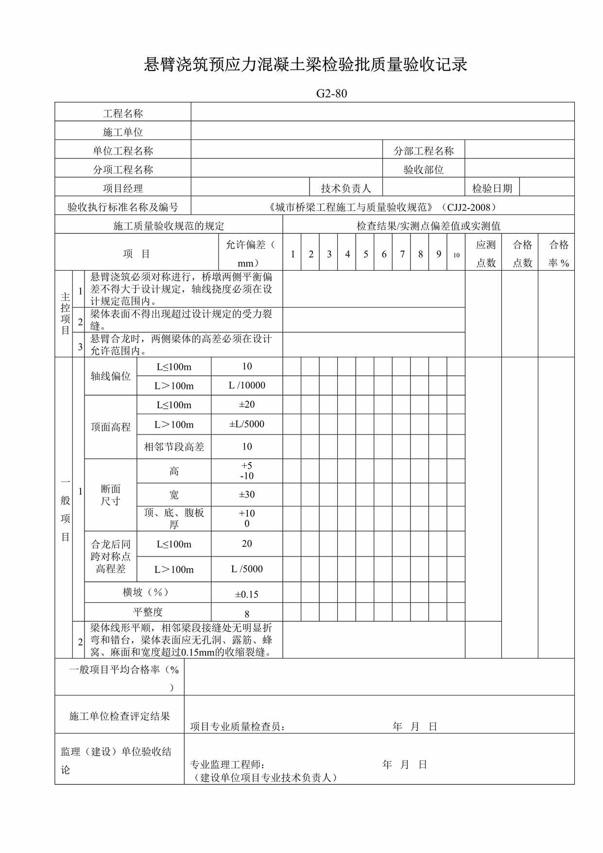 “G280悬臂浇筑预应力混凝土梁检验批质量验收记录DOC”第1页图片