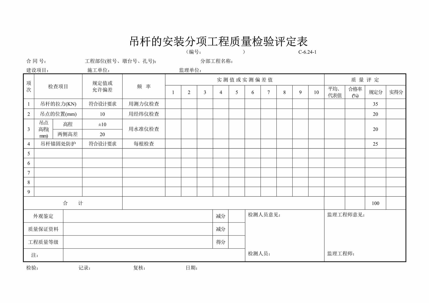 “吊杆的安装分项工程质量检验评定表DOC”第1页图片