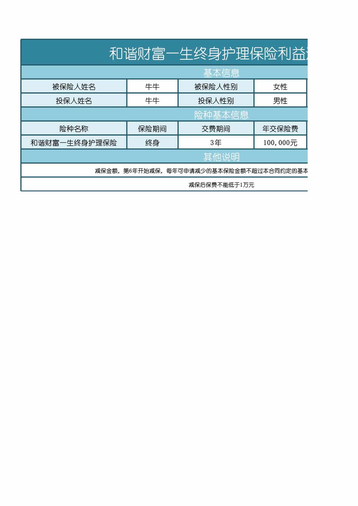 “和谐财富一生终身护理保险利益演示XLS”第1页图片