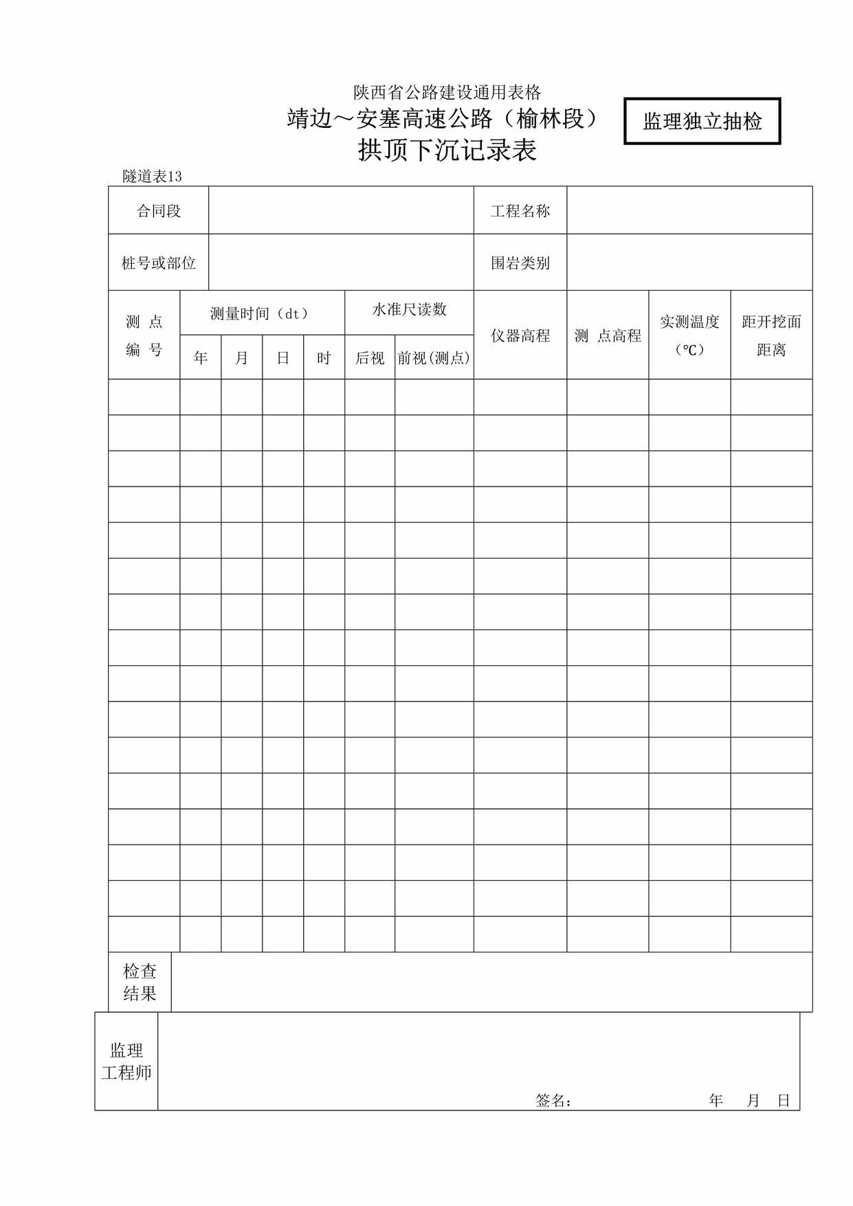 “靖边～安塞高速公路（榆林段）拱顶下沉记录表DOC”第1页图片