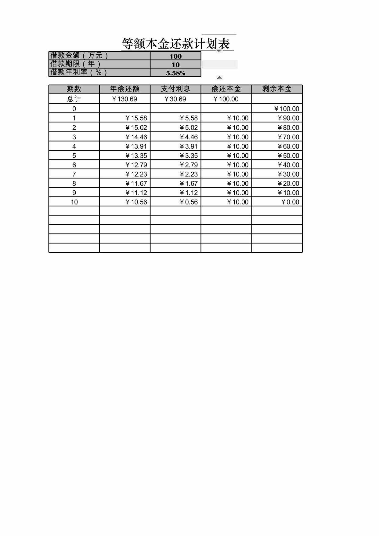 “等额本金还法计划表XLS”第1页图片