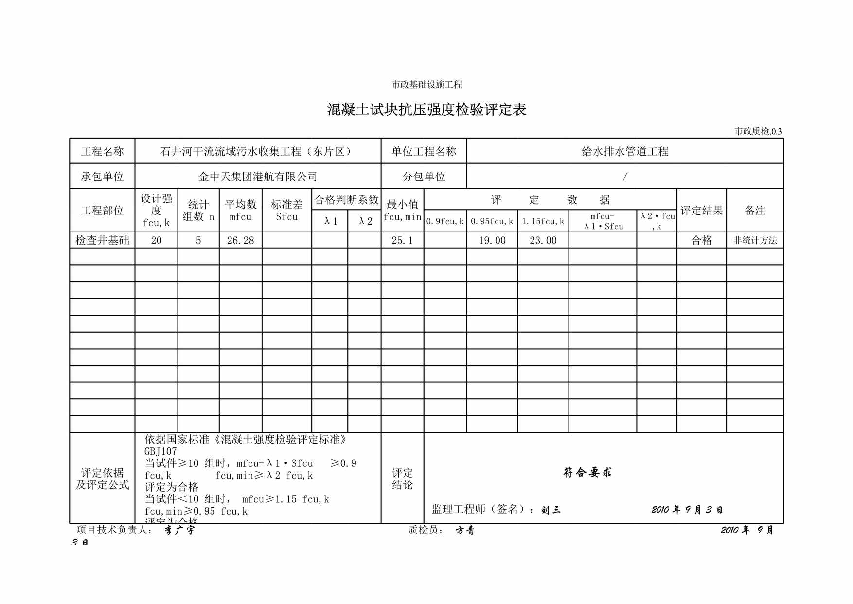 “混凝土试块抗压强度检验评定表XLS”第1页图片